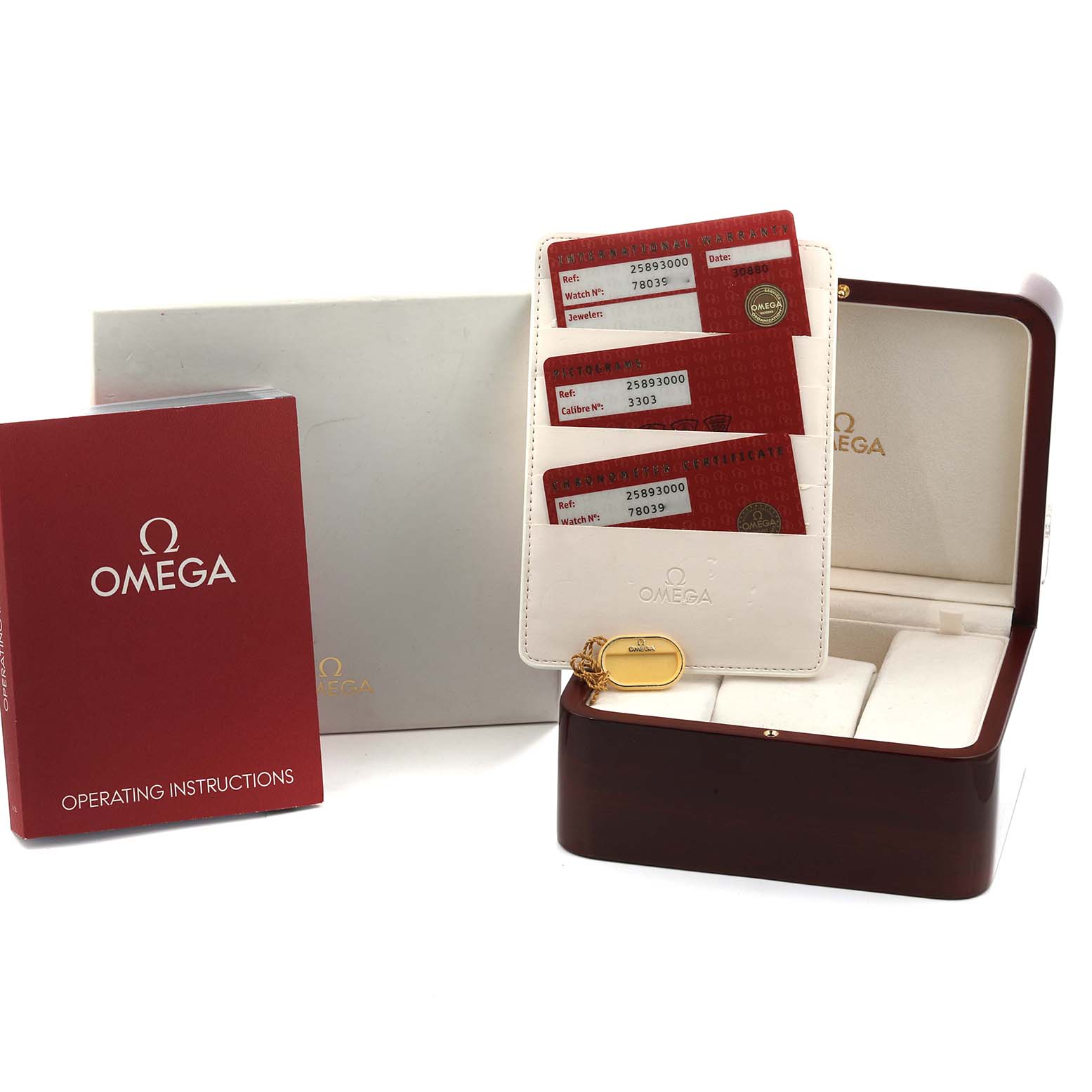 The image shows Omega Seamaster 2589.30.00 Men
s Stainless Steel Silver Dial accessories, including a box, instruction manual, warranty cards, and a storage pouch.