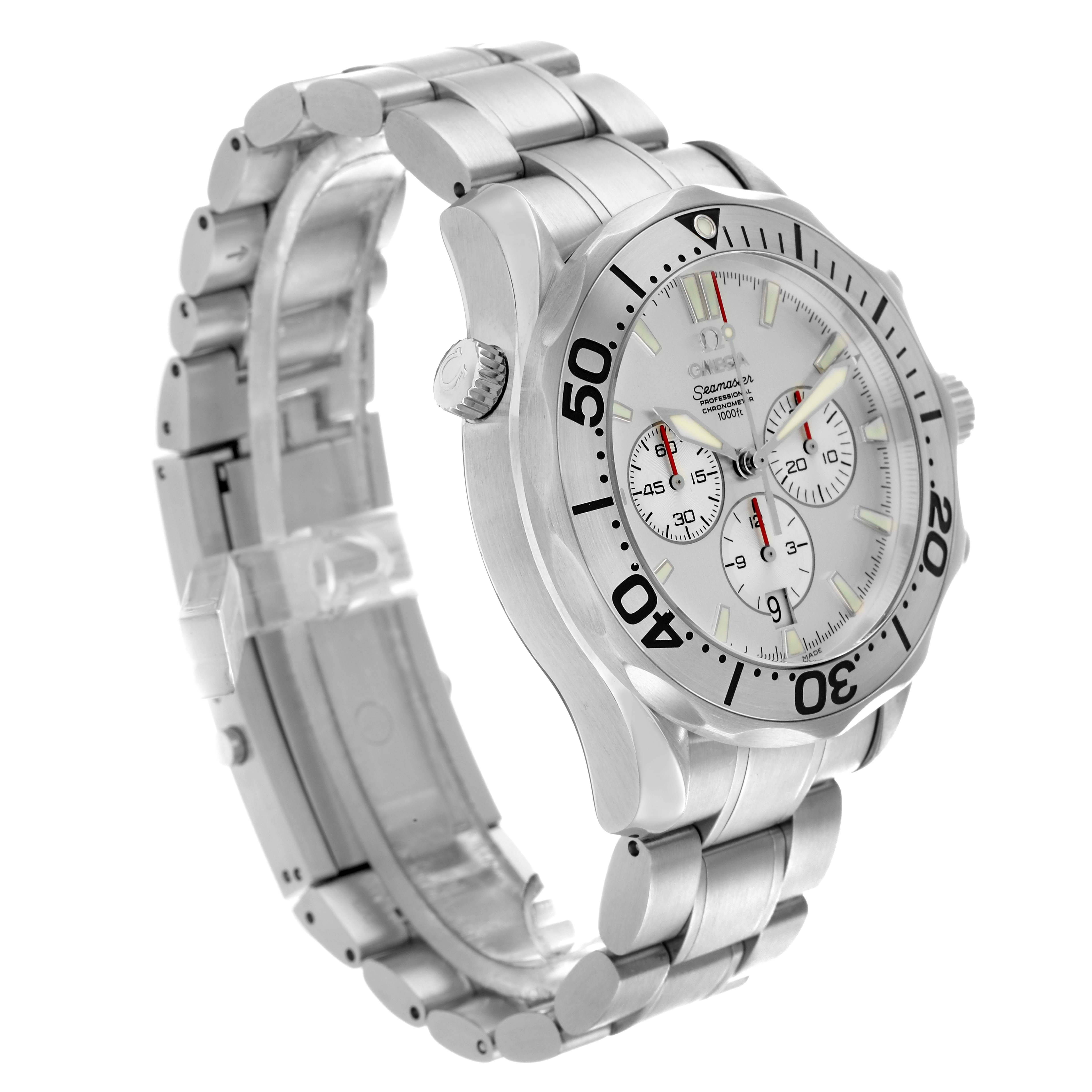 The Omega Seamaster 2589.30.00 Men
s Stainless Steel Silver Dial watch is shown at a front-side angle, highlighting the bezel, dial, and stainless steel bracelet.