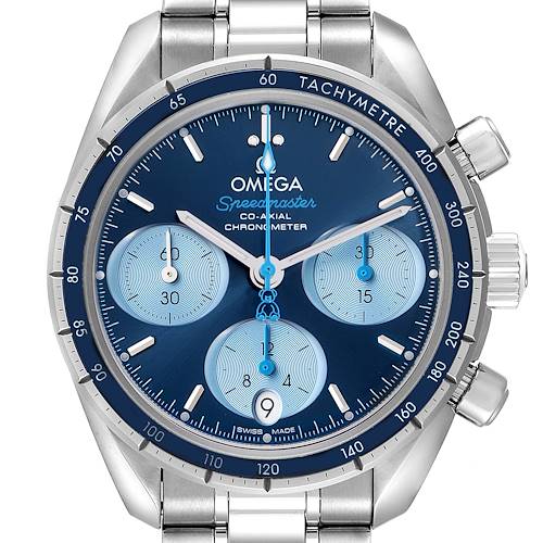 The image shows a frontal view of the Omega Speedmaster 324.30.38.50.03.002 Men
s Stainless Steel Blue Dial, displaying its dial, tachymeter bezel, and chronograph subdials.