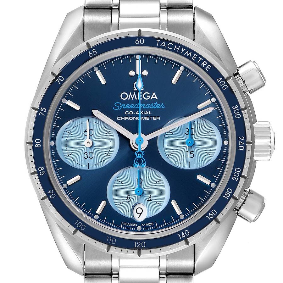 The Omega Speedmaster 324.30.38.50.03.002 Men
s Stainless Steel Blue Dial watch is shown from a frontal angle, highlighting the dial, tachymeter bezel, and chronograph sub-dials.