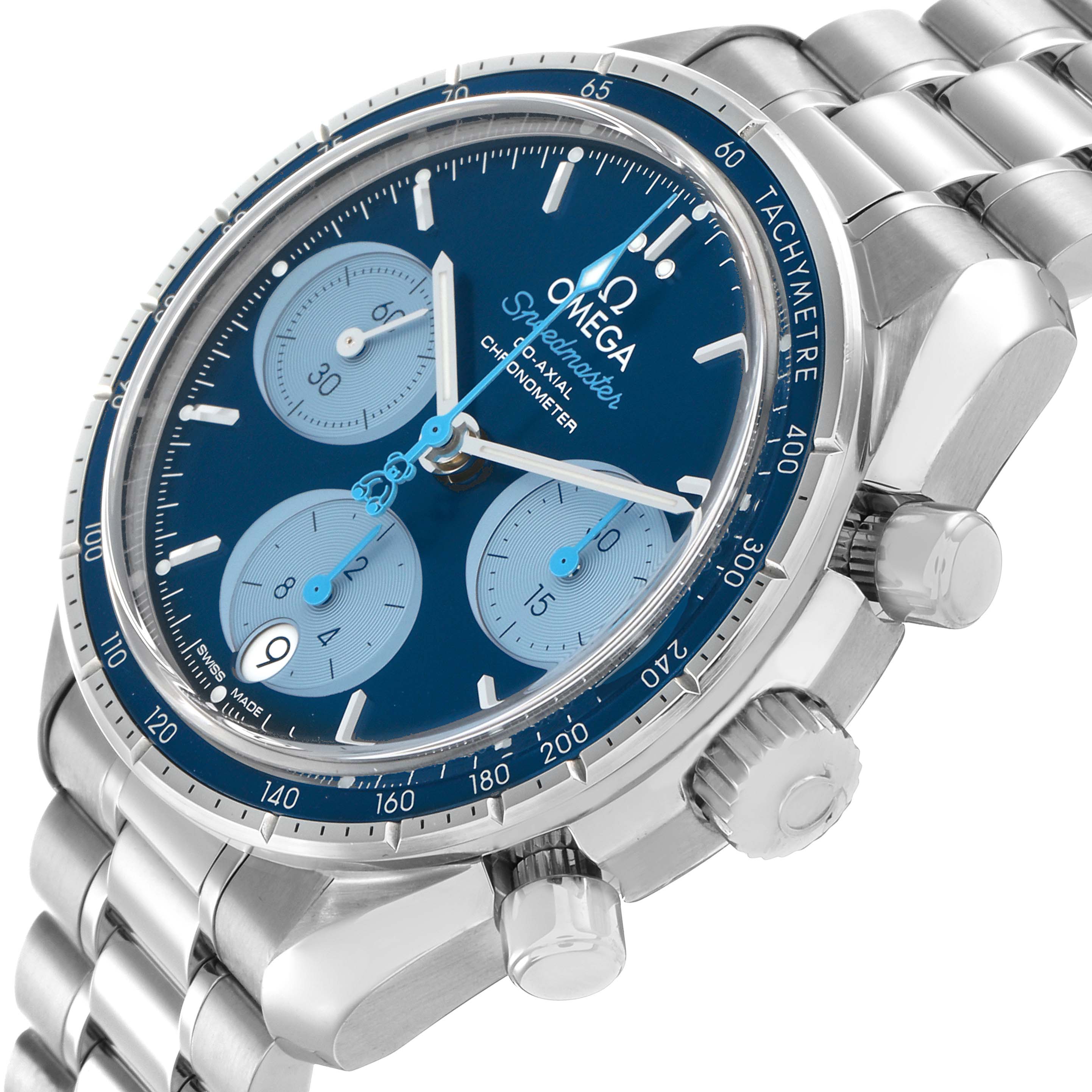 The Omega Speedmaster 324.30.38.50.03.002 Men
s Stainless Steel Blue Dial is shown at a side angle, highlighting the case, bezel, crown, and chronograph subdials.