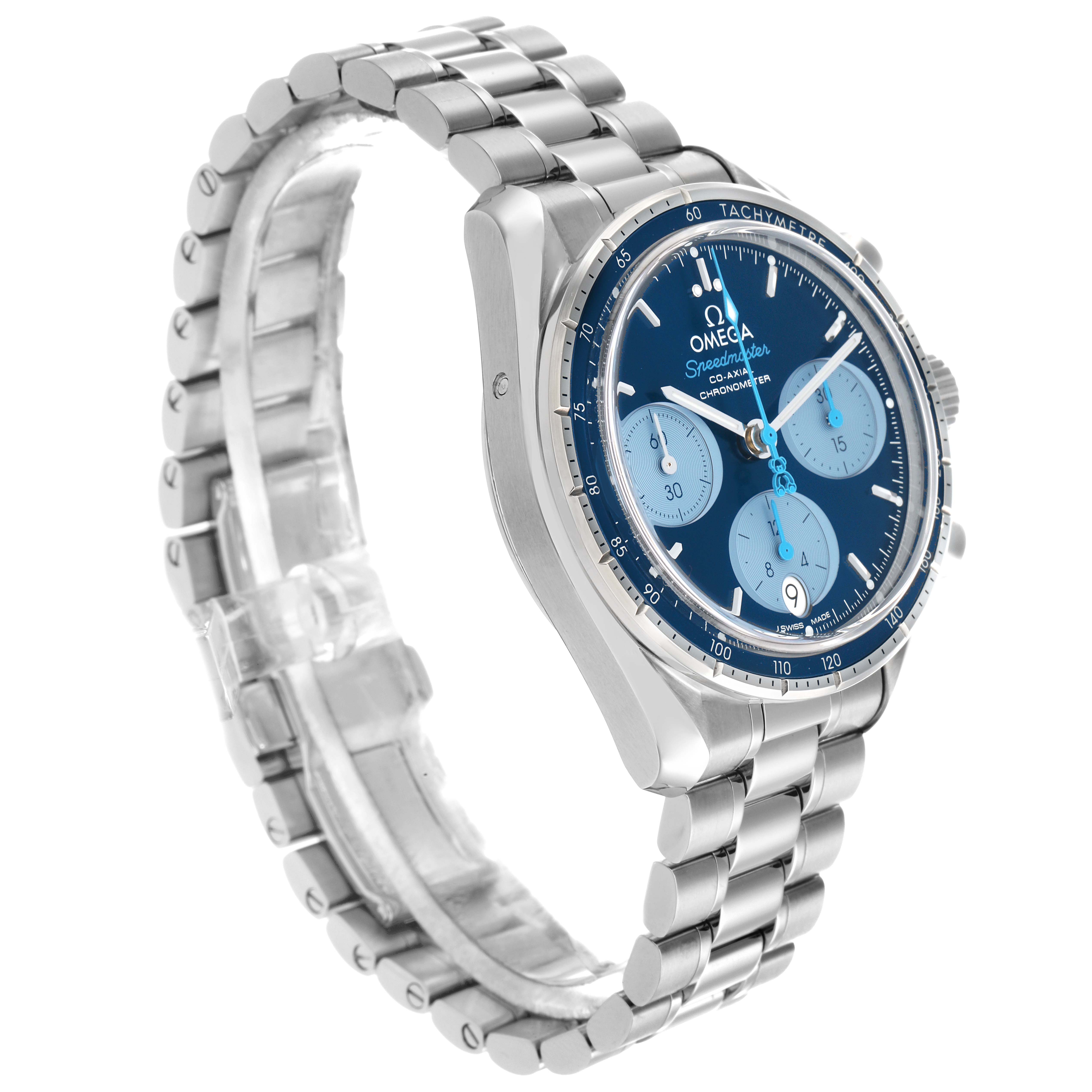 The Omega Speedmaster 324.30.38.50.03.002 Men
s Stainless Steel Blue Dial is shown at a three-quarter angle, displaying the watch face, bezel, and metal bracelet.