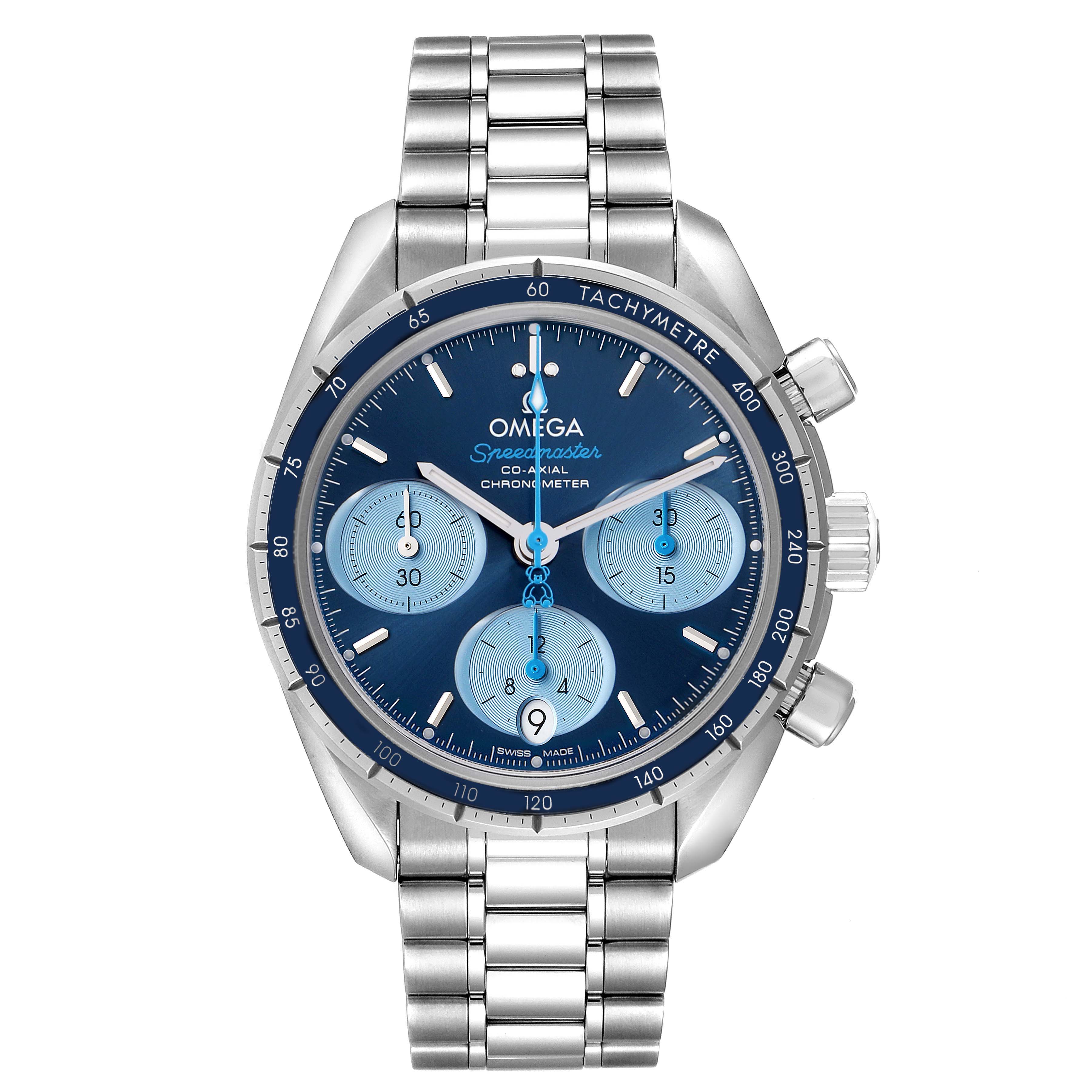 The Omega Speedmaster 324.30.38.50.03.002 Men
s Stainless Steel Blue Dial watch is shown from a front angle, displaying the face, chronograph sub-dials, bezel, and bracelet.