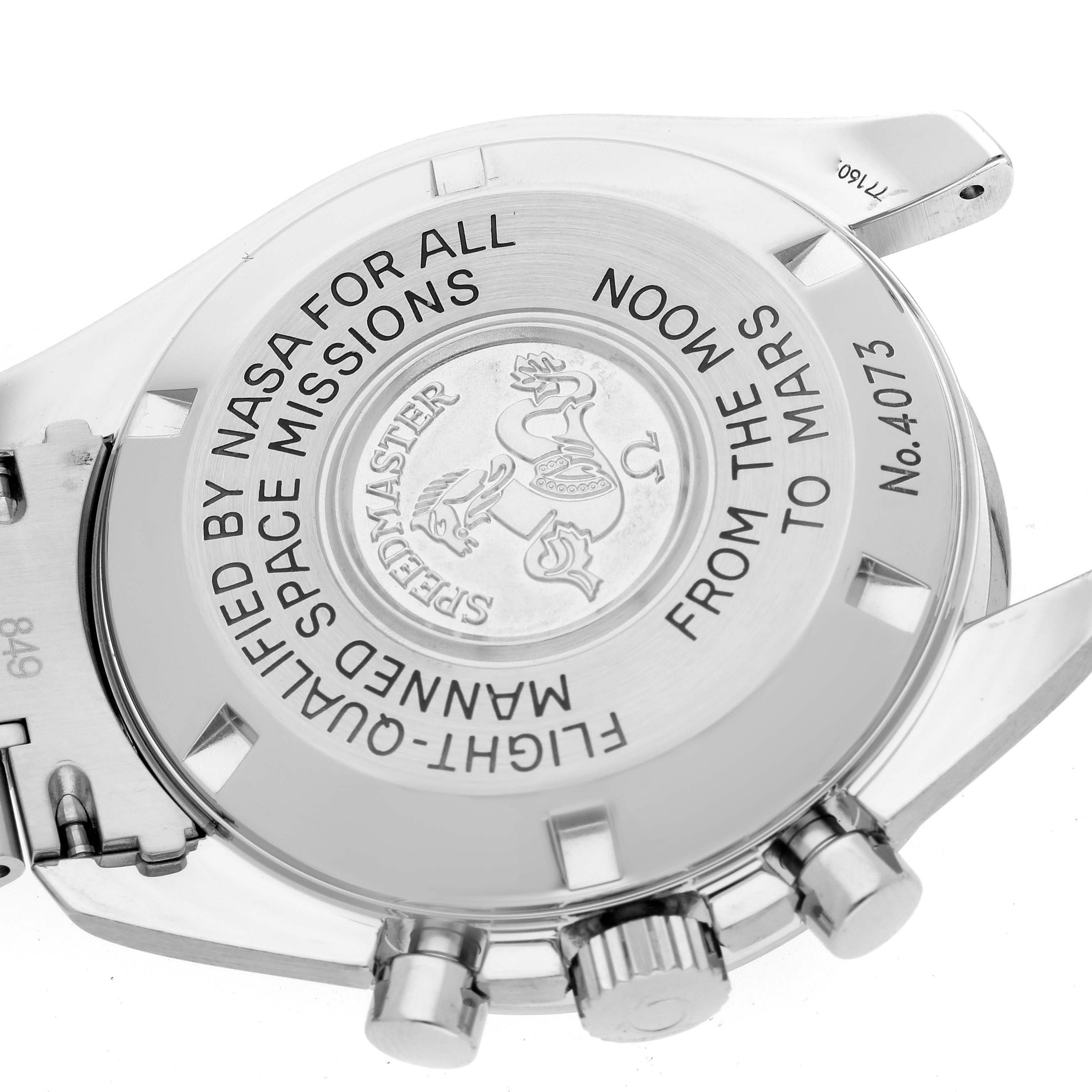 This image shows the back case of an Omega Speedmaster 3577.50.00 Men's Stainless Steel Black Dial 3577.50.00 Men's Stainless Steel Black Dial watch, highlighting its engravings and detailing.