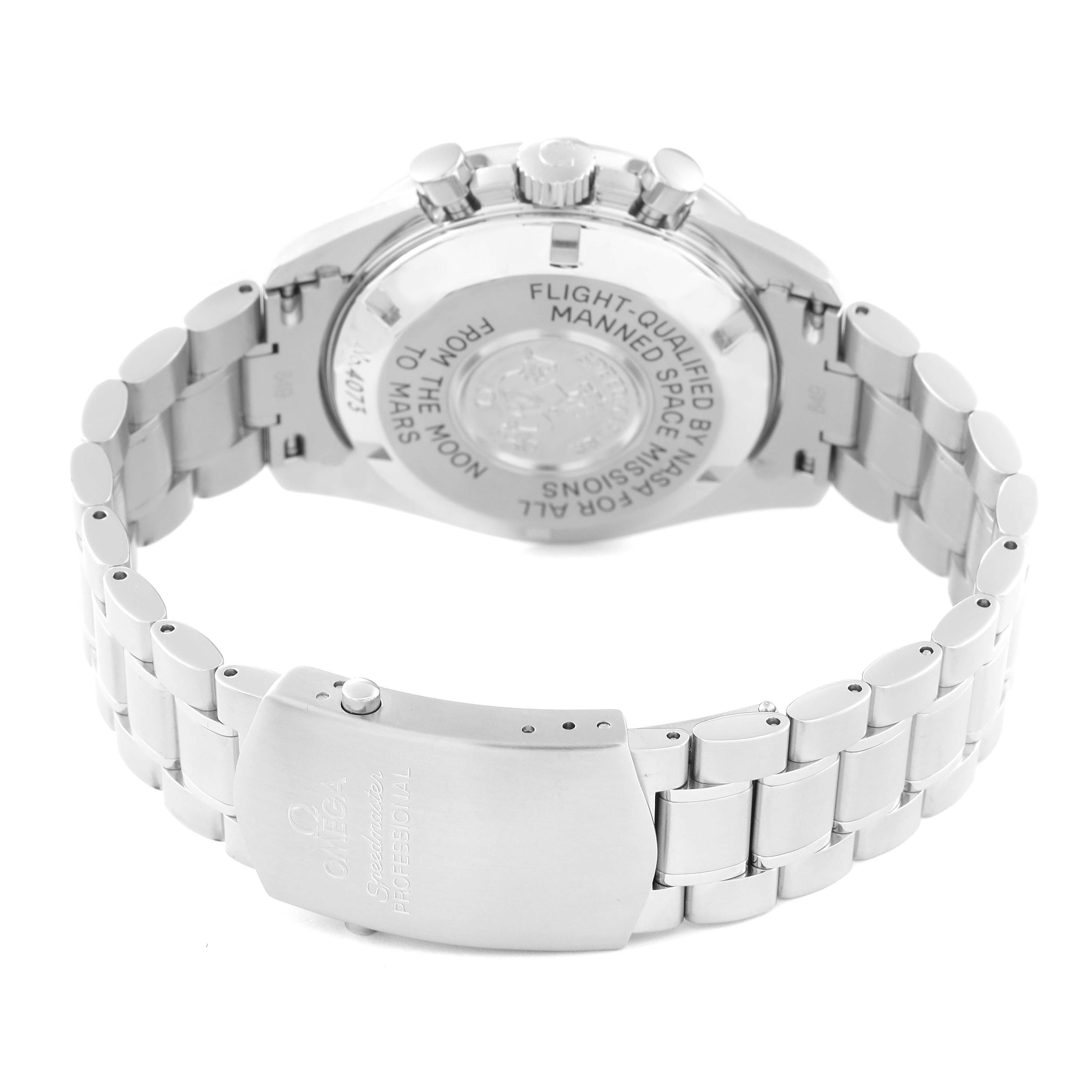 The image shows the back case and clasp of an Omega Speedmaster 3577.50.00 Men's Stainless Steel Black Dial 3577.50.00 Men's Stainless Steel Black Dial watch, highlighting the inscriptions and bracelet.