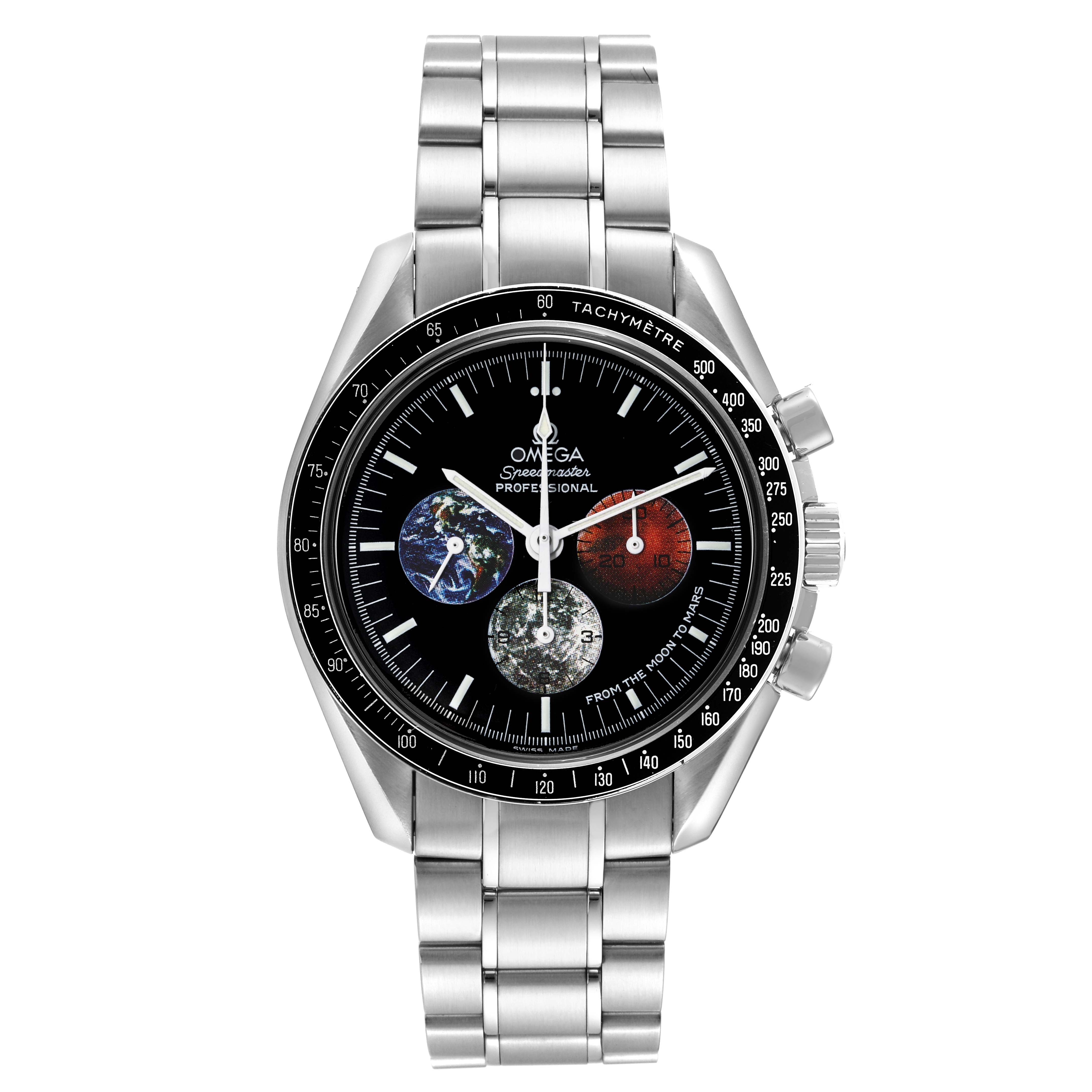 The image shows a front view of the Omega Speedmaster 3577.50.00 Men's Stainless Steel Black Dial 3577.50.00 Men's Stainless Steel Black Dial watch, featuring a stainless steel bracelet and multiple sub-dials.