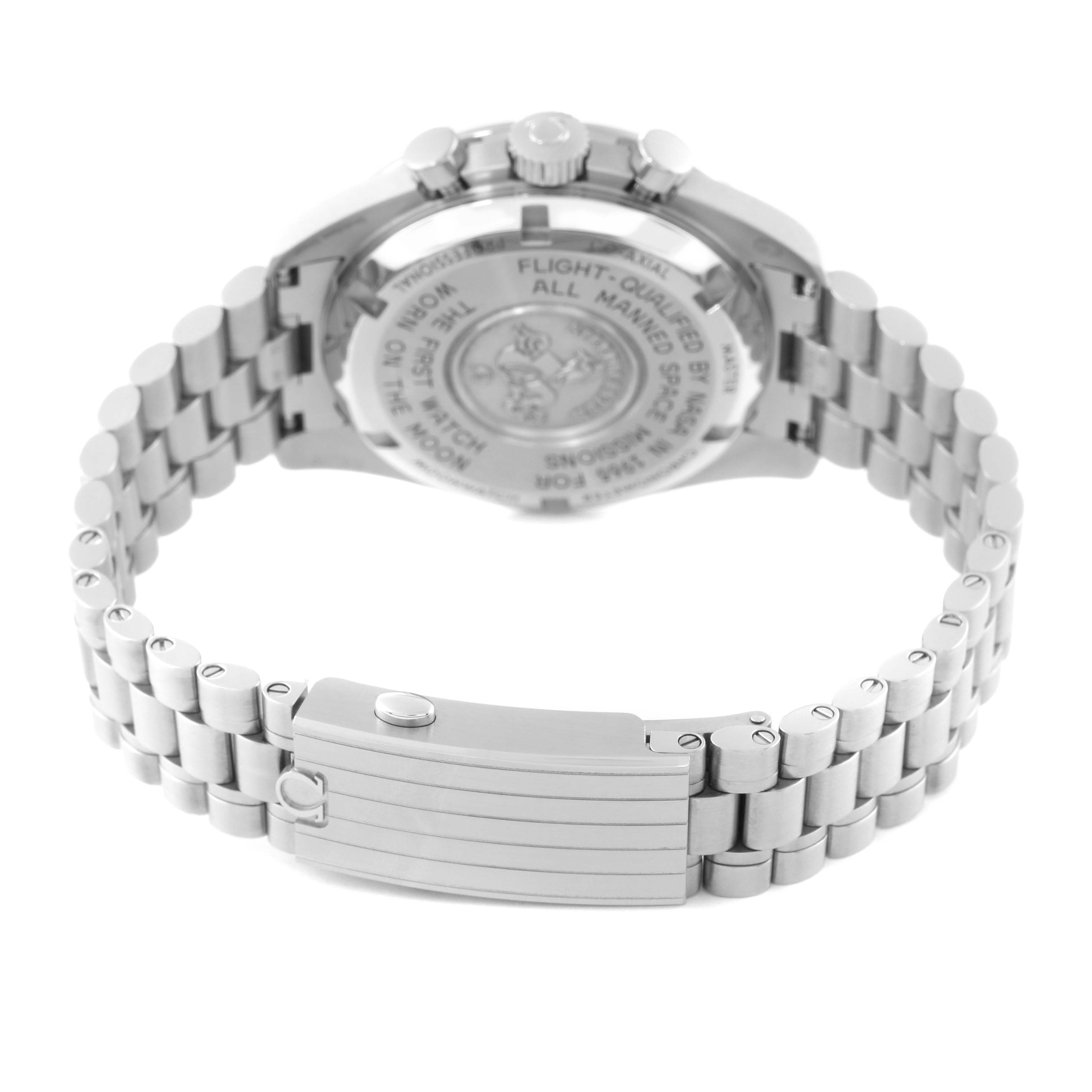 This image shows the back view of the Omega Speedmaster 310.30.42.50.01.001 Men
s Stainless Steel Black Dial 310.30.42.50.01.001 Men
s Stainless Steel Black Dial watch, focusing on its case back and stainless steel bracelet.