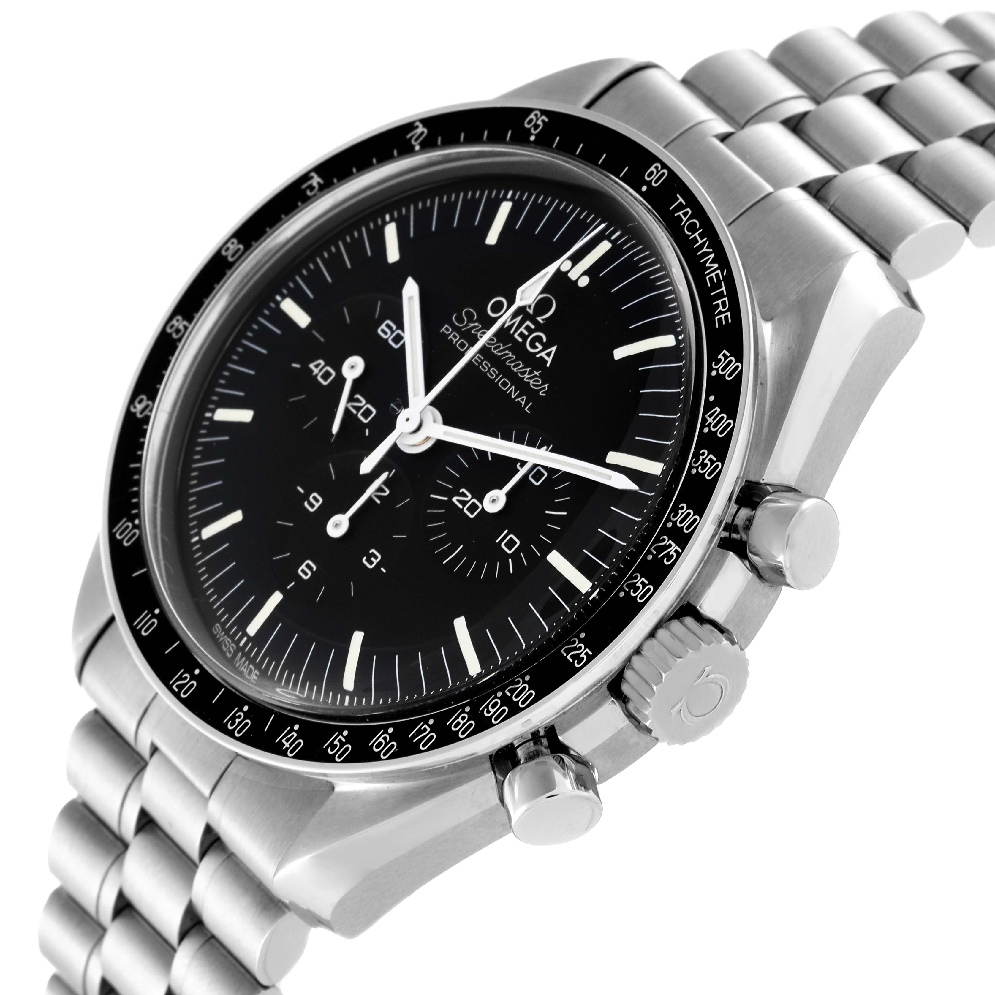 The image shows an Omega Speedmaster 310.30.42.50.01.001 Men
s Stainless Steel Black Dial 310.30.42.50.01.001 Men
s Stainless Steel Black Dial watch at an angle, highlighting the dial, subdials, tachymeter bezel, and stainless steel bracelet.
