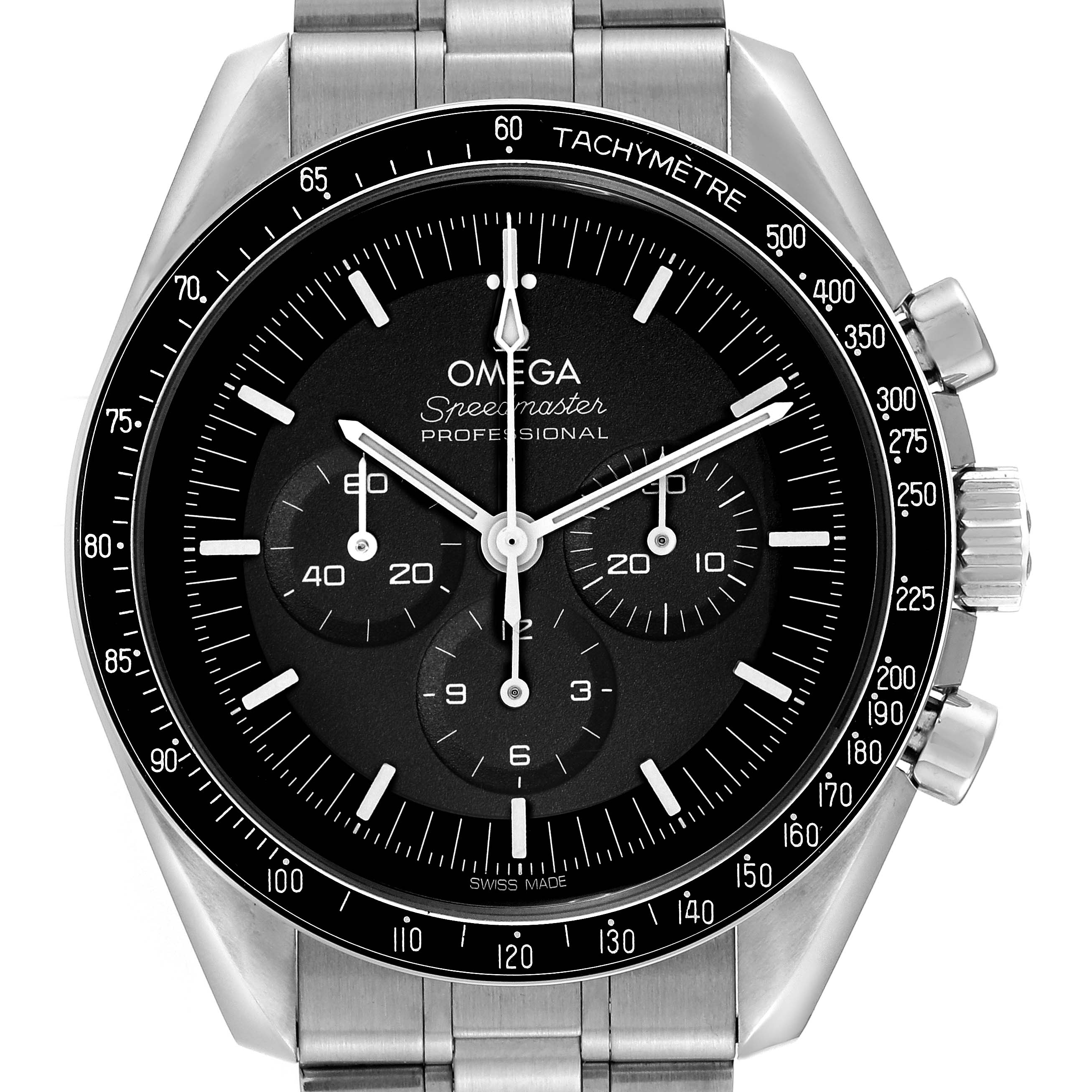 The image shows the front view of an Omega Speedmaster 310.30.42.50.01.001 Men
s Stainless Steel Black Dial 310.30.42.50.01.001 Men
s Stainless Steel Black Dial watch, highlighting its face, bezel, and part of the metal bracelet.