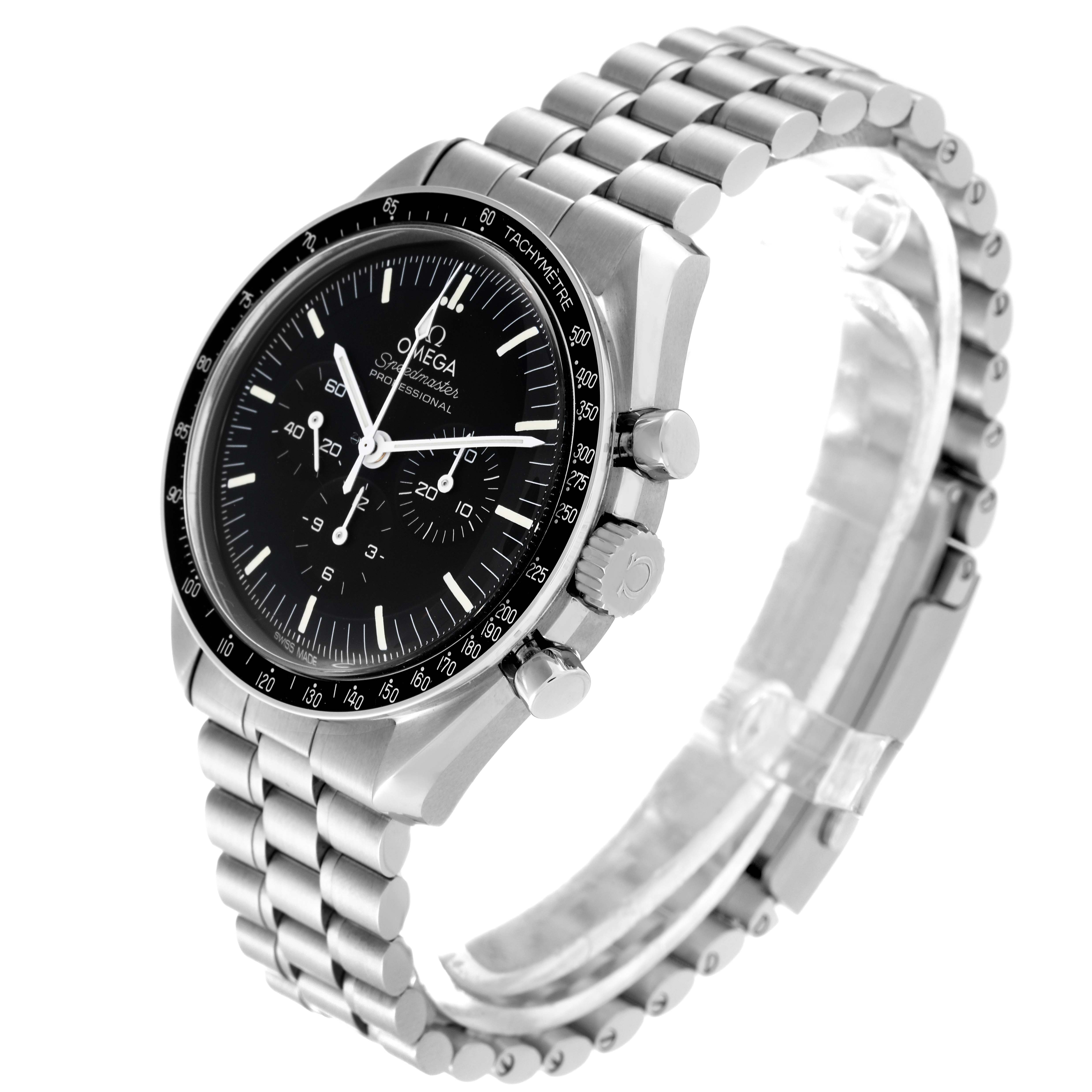 This image shows an Omega Speedmaster 310.30.42.50.01.001 Men
s Stainless Steel Black Dial 310.30.42.50.01.001 Men
s Stainless Steel Black Dial watch at a three-quarters angle, highlighting the stainless steel bracelet, case, and tachymeter bezel.