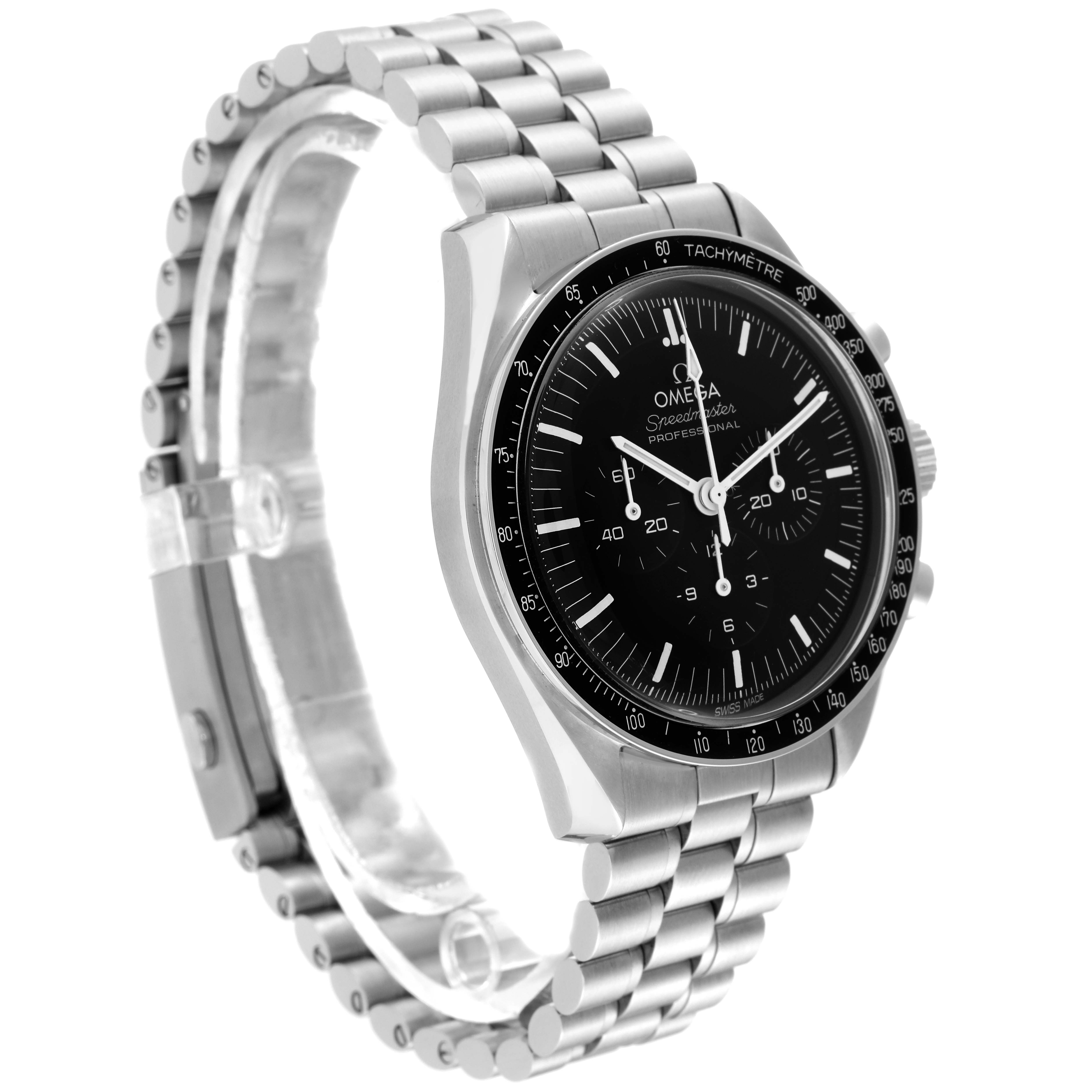 The Omega Speedmaster 310.30.42.50.01.001 Men
s Stainless Steel Black Dial 310.30.42.50.01.001 Men
s Stainless Steel Black Dial watch is shown at an angled view, displaying its bracelet, bezel, and dial with visible tachymeter markings.