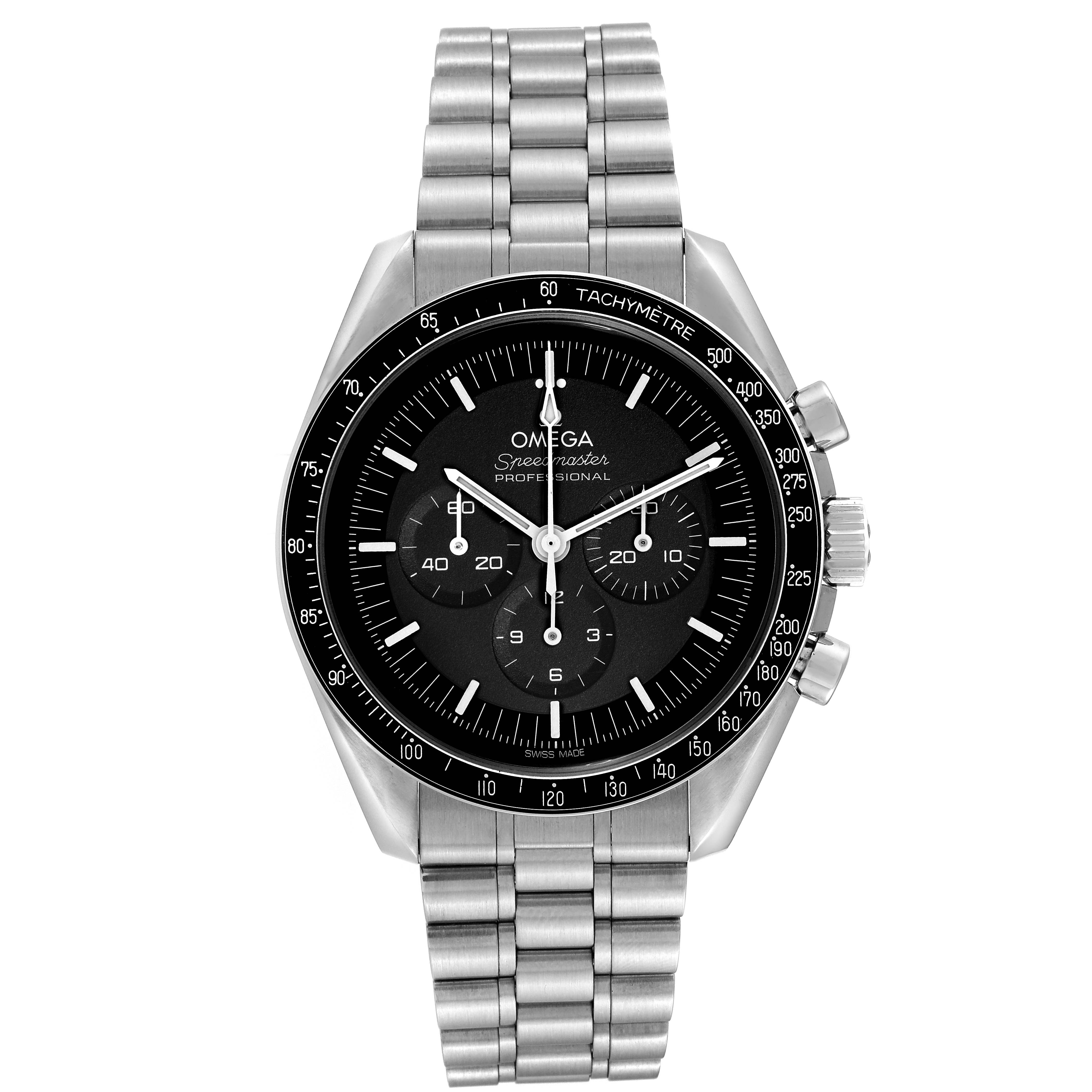The image shows a front view of an Omega Speedmaster 310.30.42.50.01.001 Men
s Stainless Steel Black Dial 310.30.42.50.01.001 Men
s Stainless Steel Black Dial watch, displaying its face, bezel, bracelet, and chronograph pushers.
