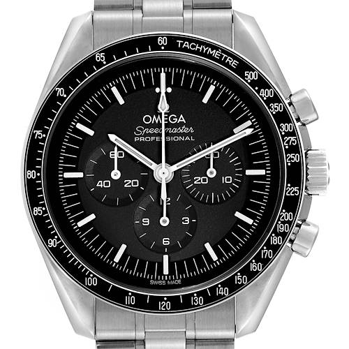 The image shows a front view of the Omega Speedmaster watch, highlighting its dial, subdials, tachymeter bezel, and stainless steel bracelet.