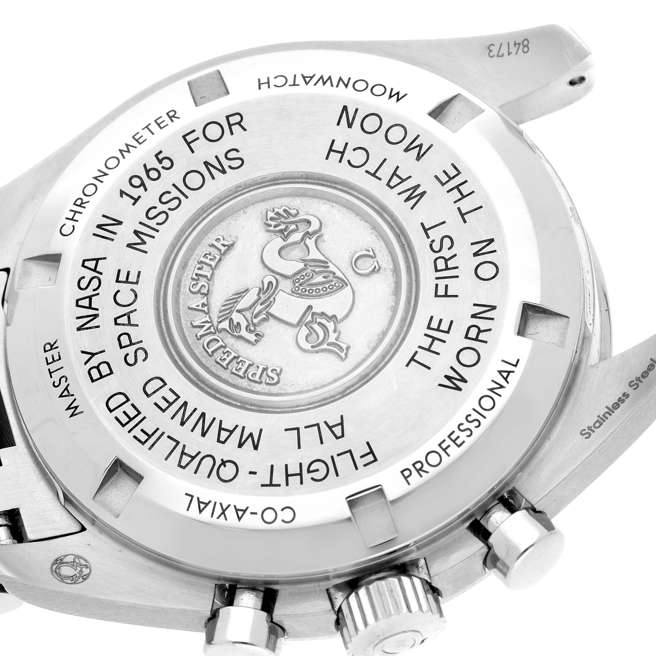 The image shows the back of an Omega Speedmaster 310.30.42.50.01.001 Men
s Stainless Steel Black Dial 310.30.42.50.01.001 Men
s Stainless Steel Black Dial watch, highlighting its engravings and the case back design.