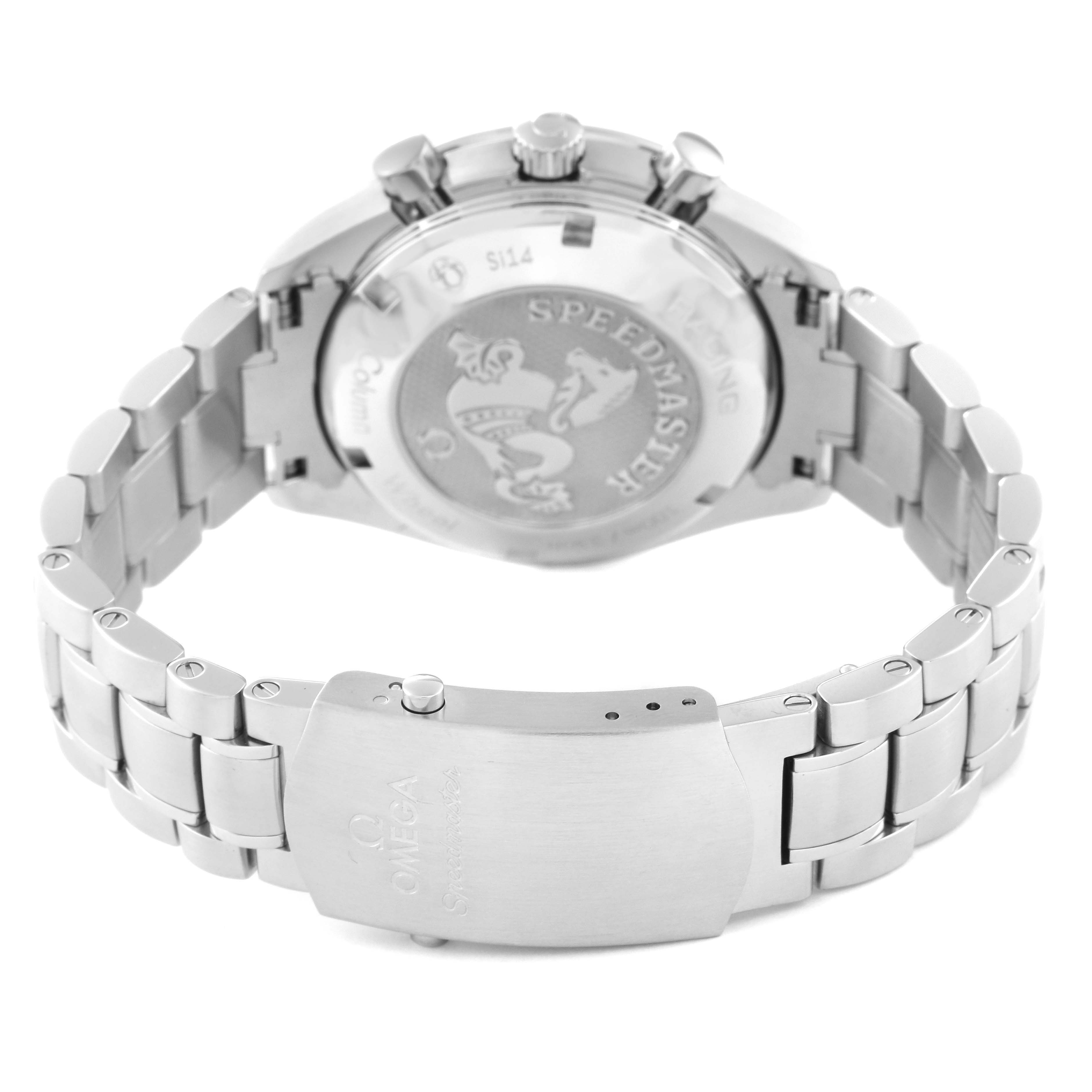 The image shows the Omega Speedmaster 326.30.40.50.06.001 Men's Stainless Steel Grey Dial 326.30.40.50.06.001 Men's Stainless Steel Grey Dial watch from a back angle, highlighting the bracelet and engraved case back.