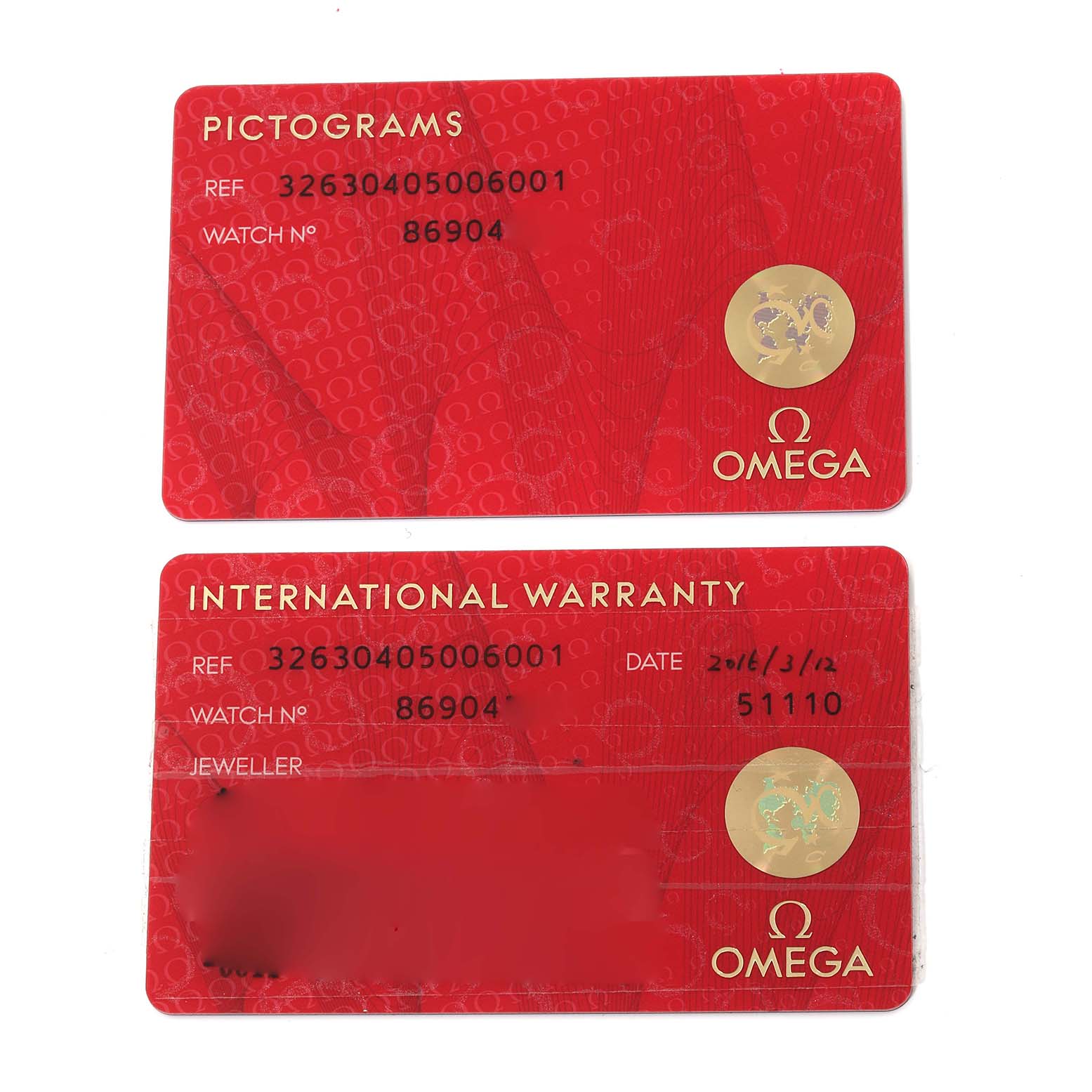 The image displays the Pictograms and International Warranty cards for an Omega Speedmaster 326.30.40.50.06.001 Men's Stainless Steel Grey Dial 326.30.40.50.06.001 Men's Stainless Steel Grey Dial watch.