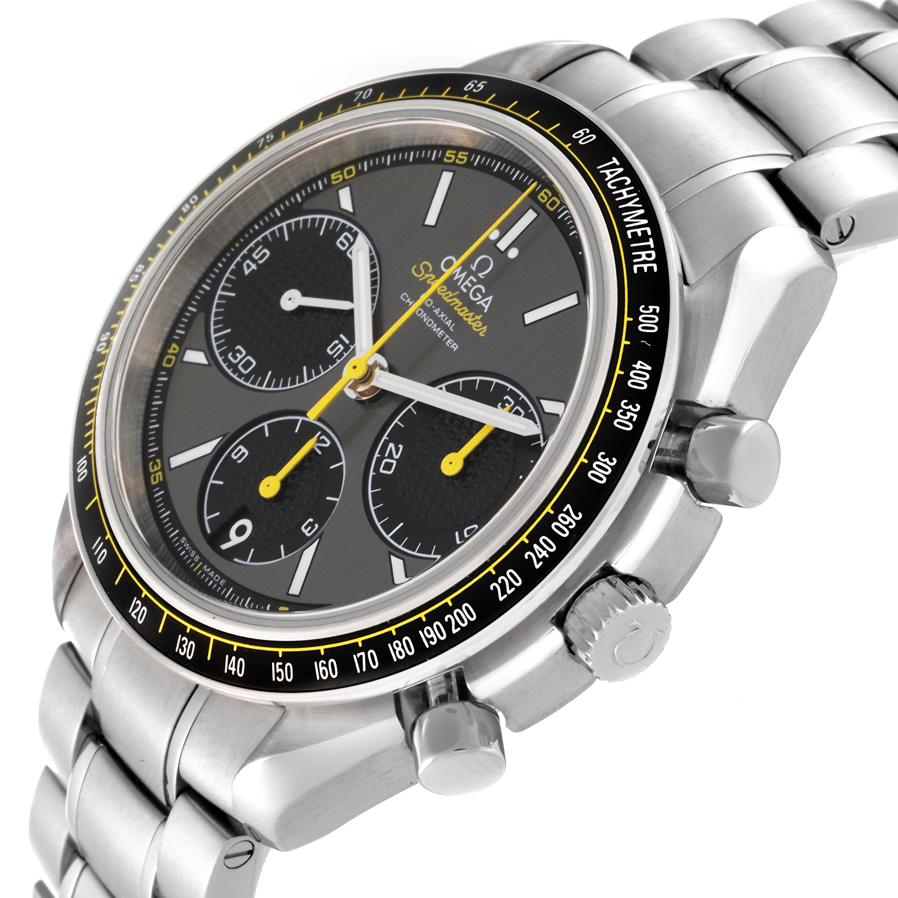 The Omega Speedmaster 326.30.40.50.06.001 Men's Stainless Steel Grey Dial 326.30.40.50.06.001 Men's Stainless Steel Grey Dial watch is shown at an angle highlighting the dial, three sub-dials, tachymeter, and stainless steel bracelet.