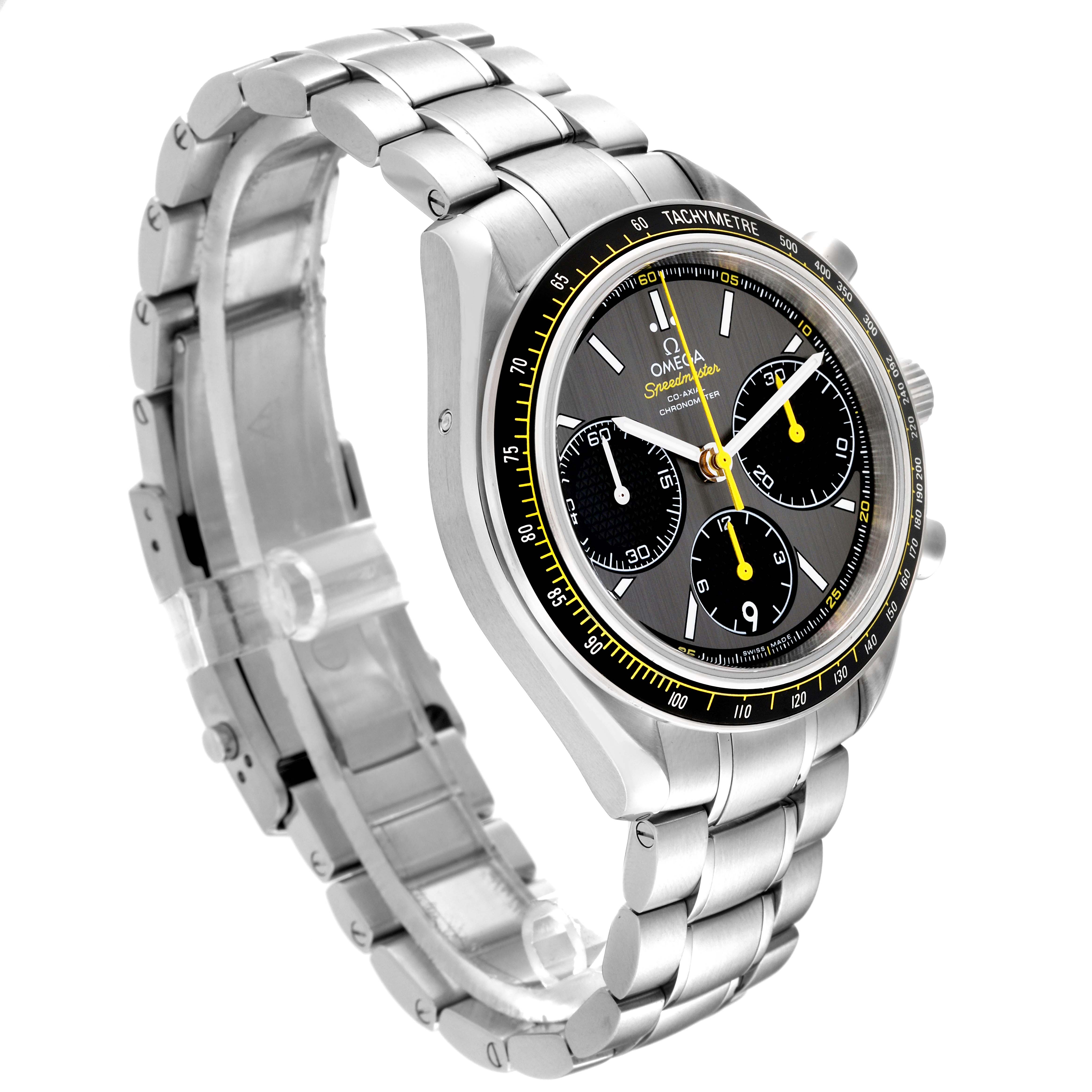 This image shows an Omega Speedmaster 326.30.40.50.06.001 Men's Stainless Steel Grey Dial 326.30.40.50.06.001 Men's Stainless Steel Grey Dial watch at a 3/4 angle, highlighting the face, tachymeter, and stainless steel bracelet.