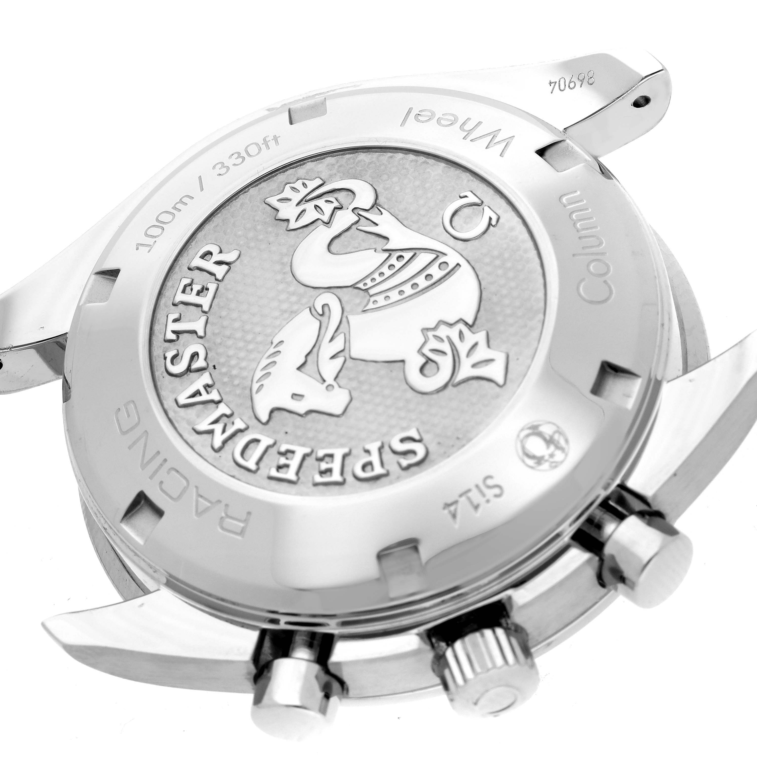 This image shows the case back of an Omega Speedmaster 326.30.40.50.06.001 Men's Stainless Steel Grey Dial 326.30.40.50.06.001 Men's Stainless Steel Grey Dial watch at an oblique angle, detailing the logo and text.