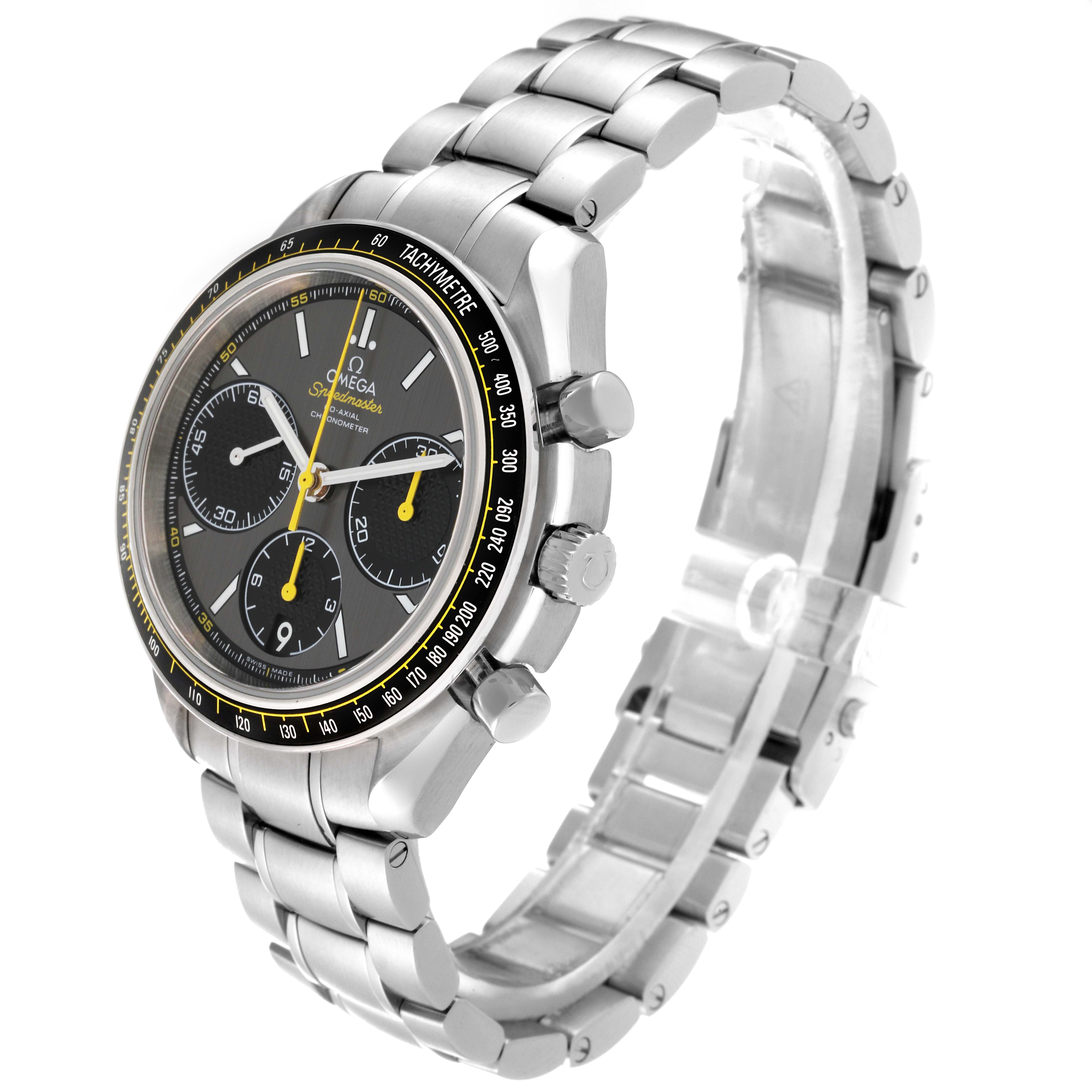 The image shows an angled view of an Omega Speedmaster 326.30.40.50.06.001 Men's Stainless Steel Grey Dial 326.30.40.50.06.001 Men's Stainless Steel Grey Dial watch, highlighting the face, bezel, and metallic bracelet.