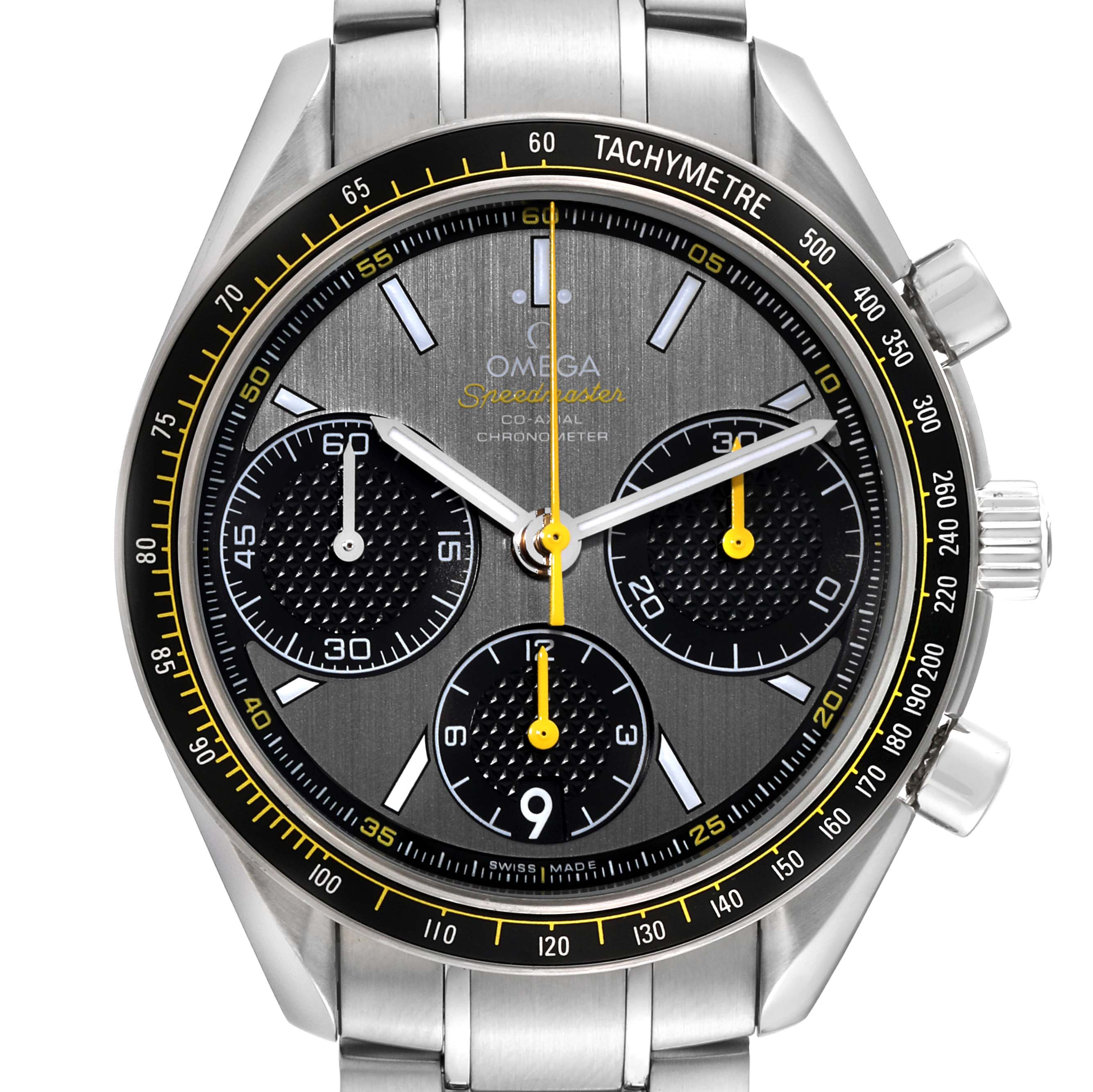 The image shows a frontal view of the Omega Speedmaster 326.30.40.50.06.001 Men's Stainless Steel Grey Dial 326.30.40.50.06.001 Men's Stainless Steel Grey Dial watch, highlighting its tachymeter bezel, chronograph subdials, and stainless steel bracelet.