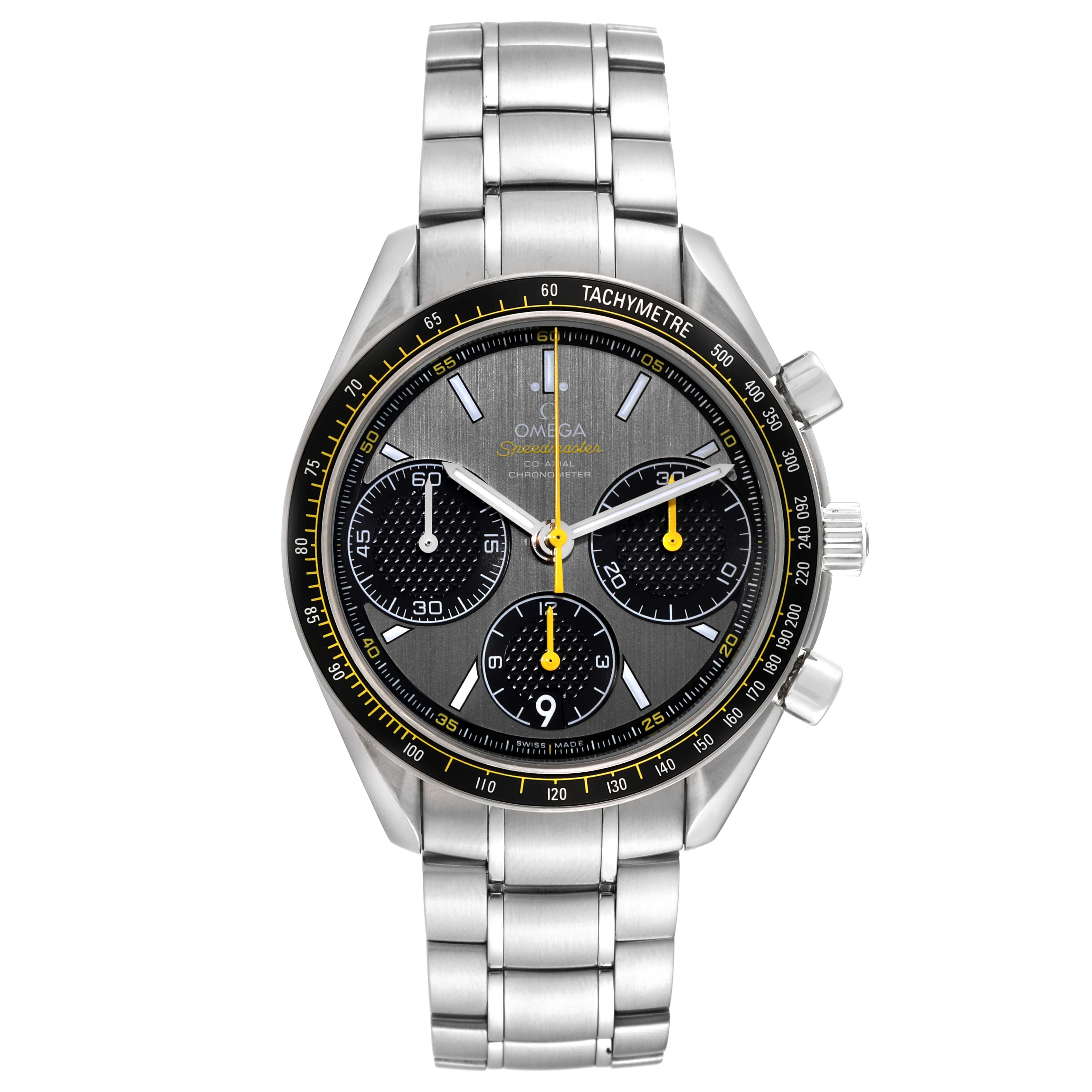 This Omega Speedmaster 326.30.40.50.06.001 Men's Stainless Steel Grey Dial 326.30.40.50.06.001 Men's Stainless Steel Grey Dial watch is shown from a top-down angle, displaying the full face, bracelet, and side buttons.