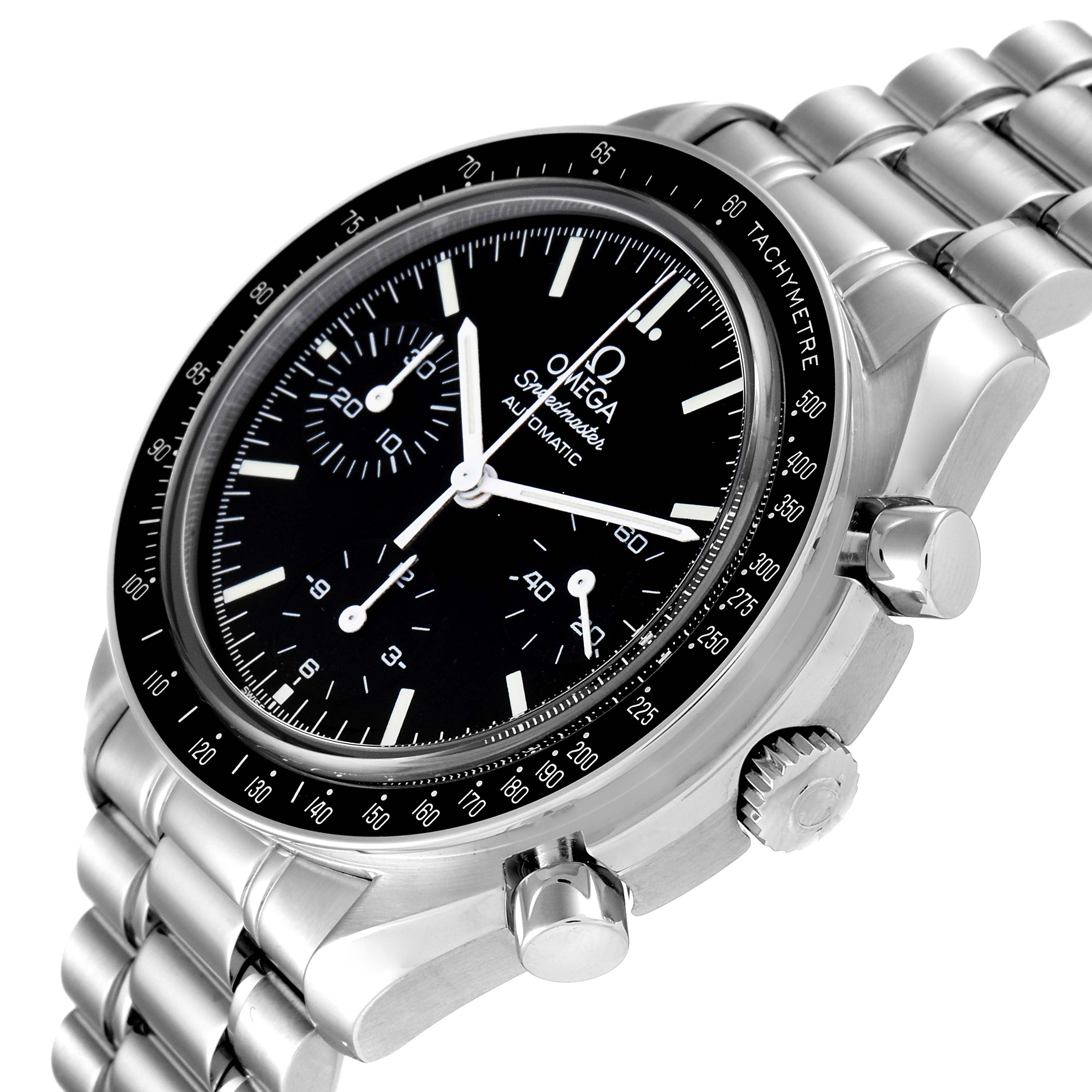 The Omega Speedmaster 3539.50.00 Men
s Stainless Steel Black Dial 3539.50.00 Men
s Stainless Steel Black Dial watch is shown at an angle displaying the face, bezel, and stainless steel bracelet.