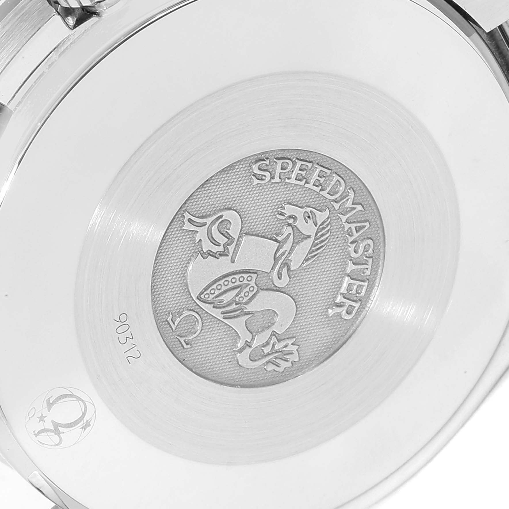 The image shows the engraved case back of an Omega Speedmaster 3539.50.00 Men
s Stainless Steel Black Dial 3539.50.00 Men
s Stainless Steel Black Dial watch, highlighting its emblem and model name.