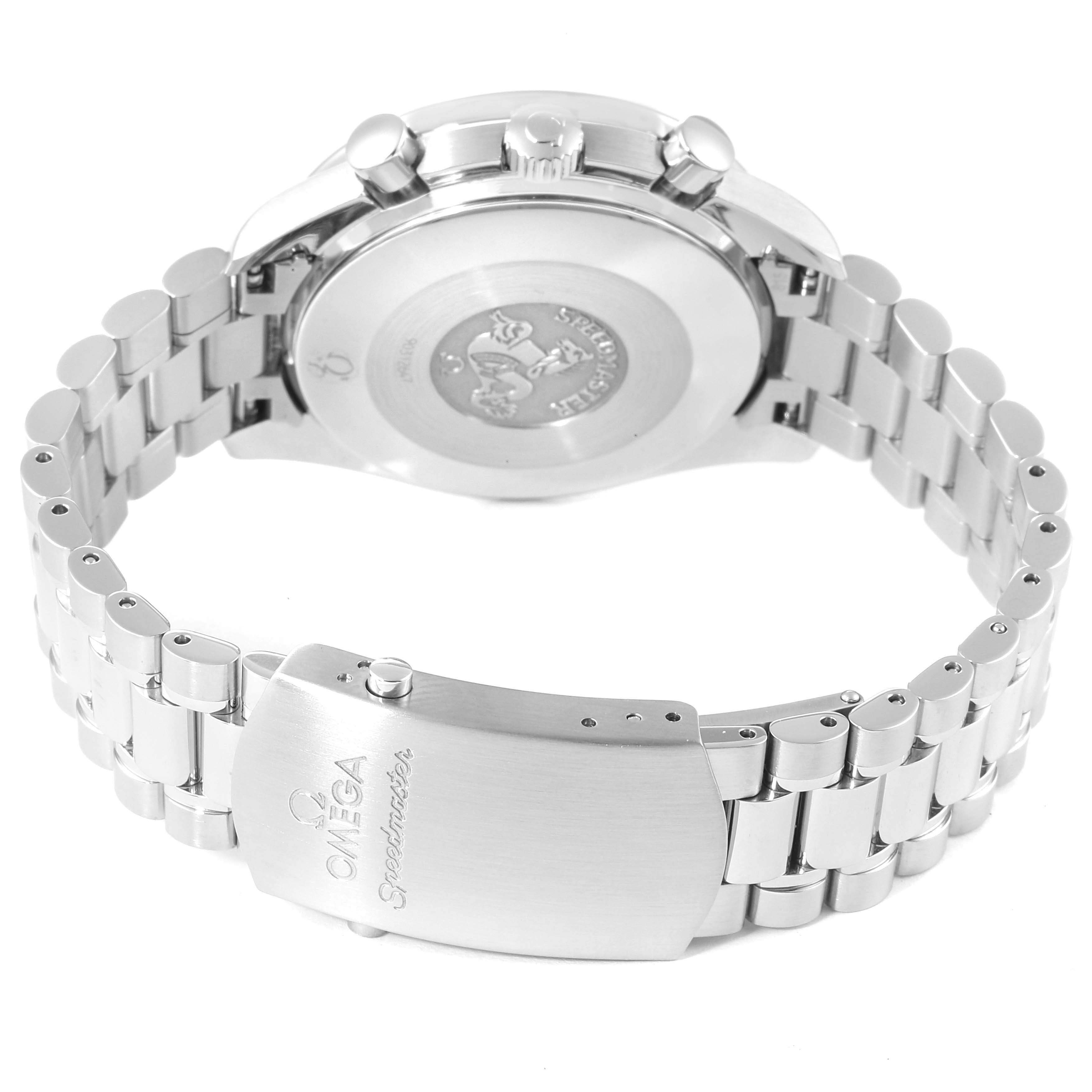 This image shows the back of an Omega Speedmaster 3539.50.00 Men
s Stainless Steel Black Dial 3539.50.00 Men
s Stainless Steel Black Dial watch, highlighting the bracelet, clasp, and caseback.