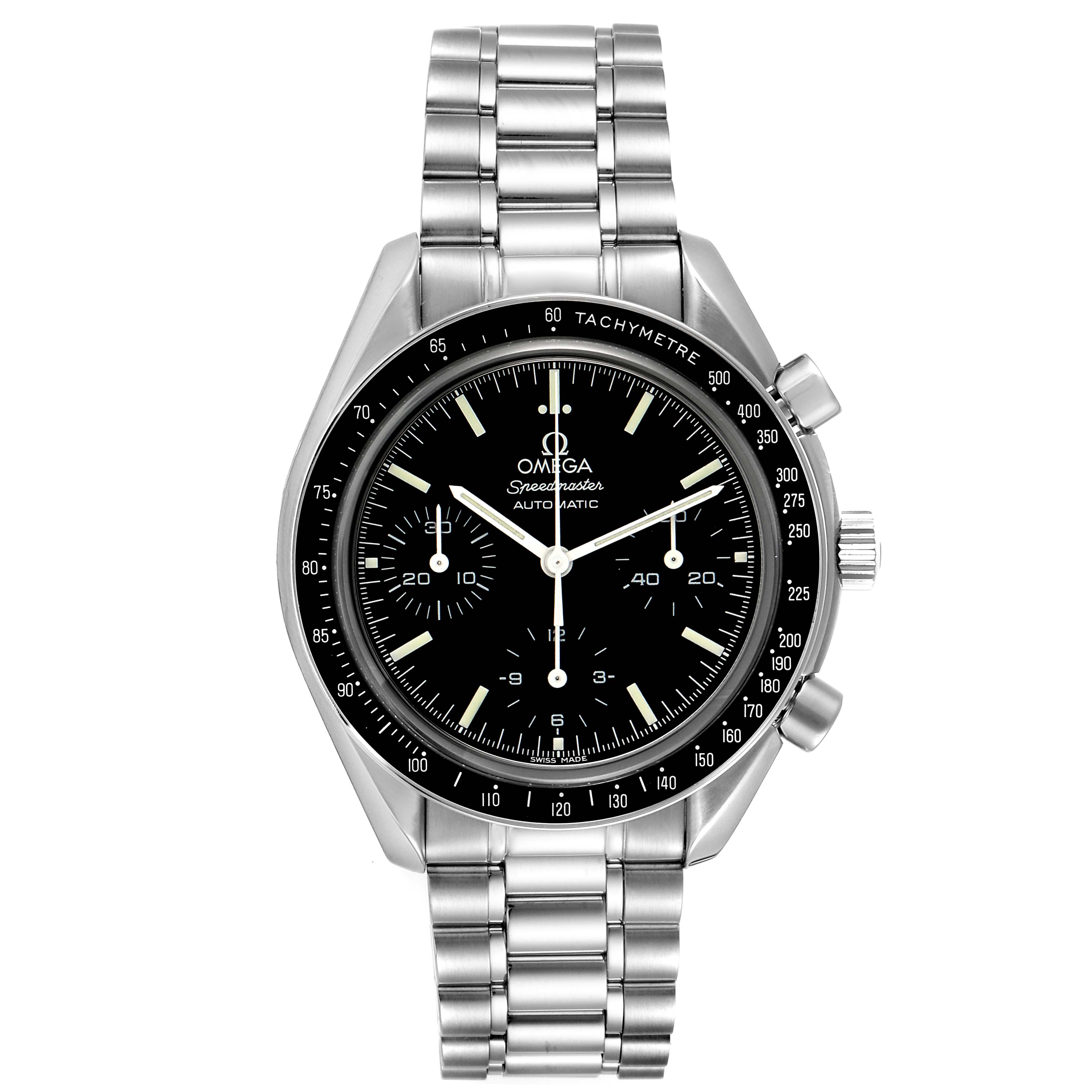 The image shows a front view of an Omega Speedmaster 3539.50.00 Men
s Stainless Steel Black Dial 3539.50.00 Men
s Stainless Steel Black Dial watch, displaying its face, bezel, and stainless steel bracelet.
