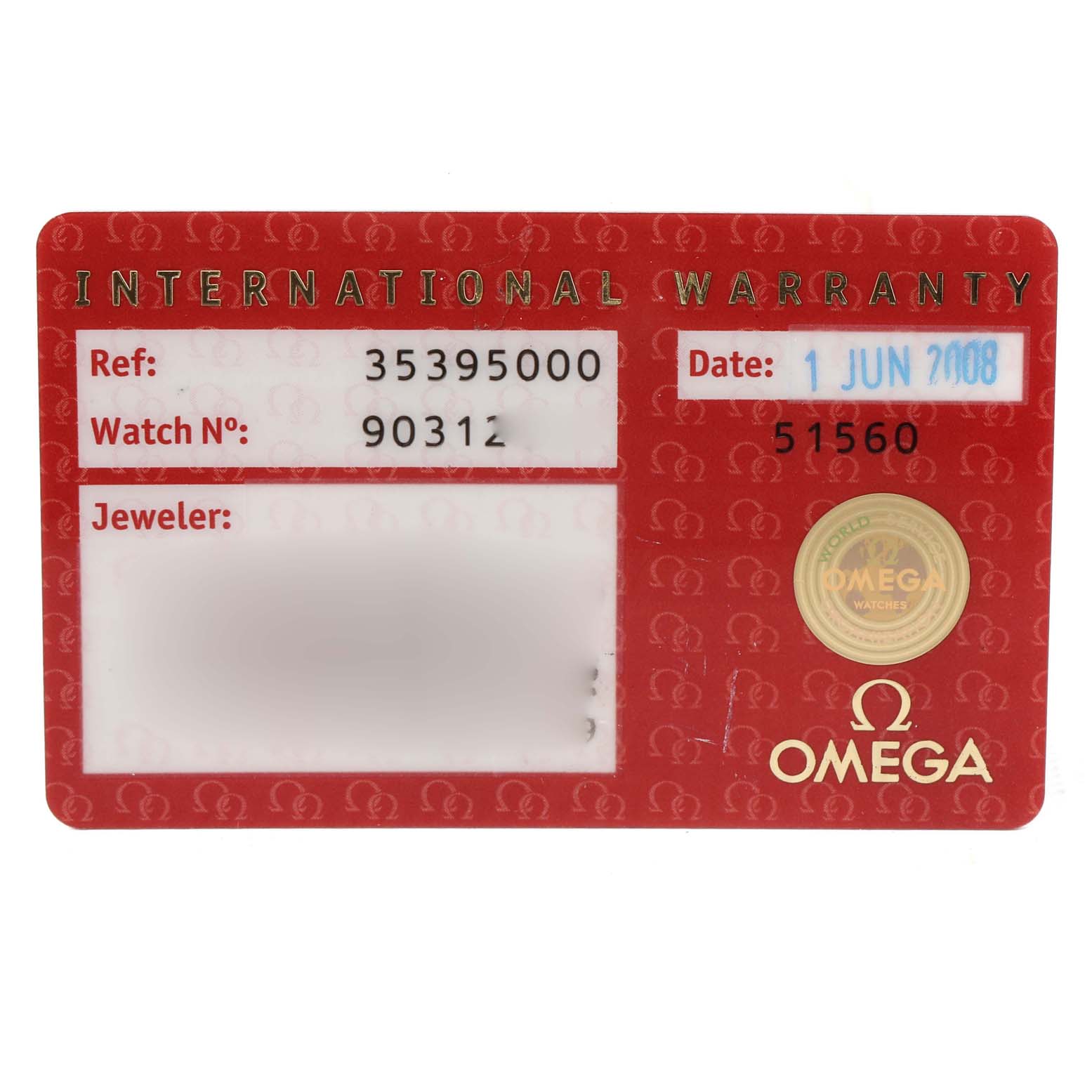 This image shows an Omega Speedmaster 3539.50.00 Men
s Stainless Steel Black Dial 3539.50.00 Men
s Stainless Steel Black Dial International Warranty card with reference number, watch number, date, and jeweler information.