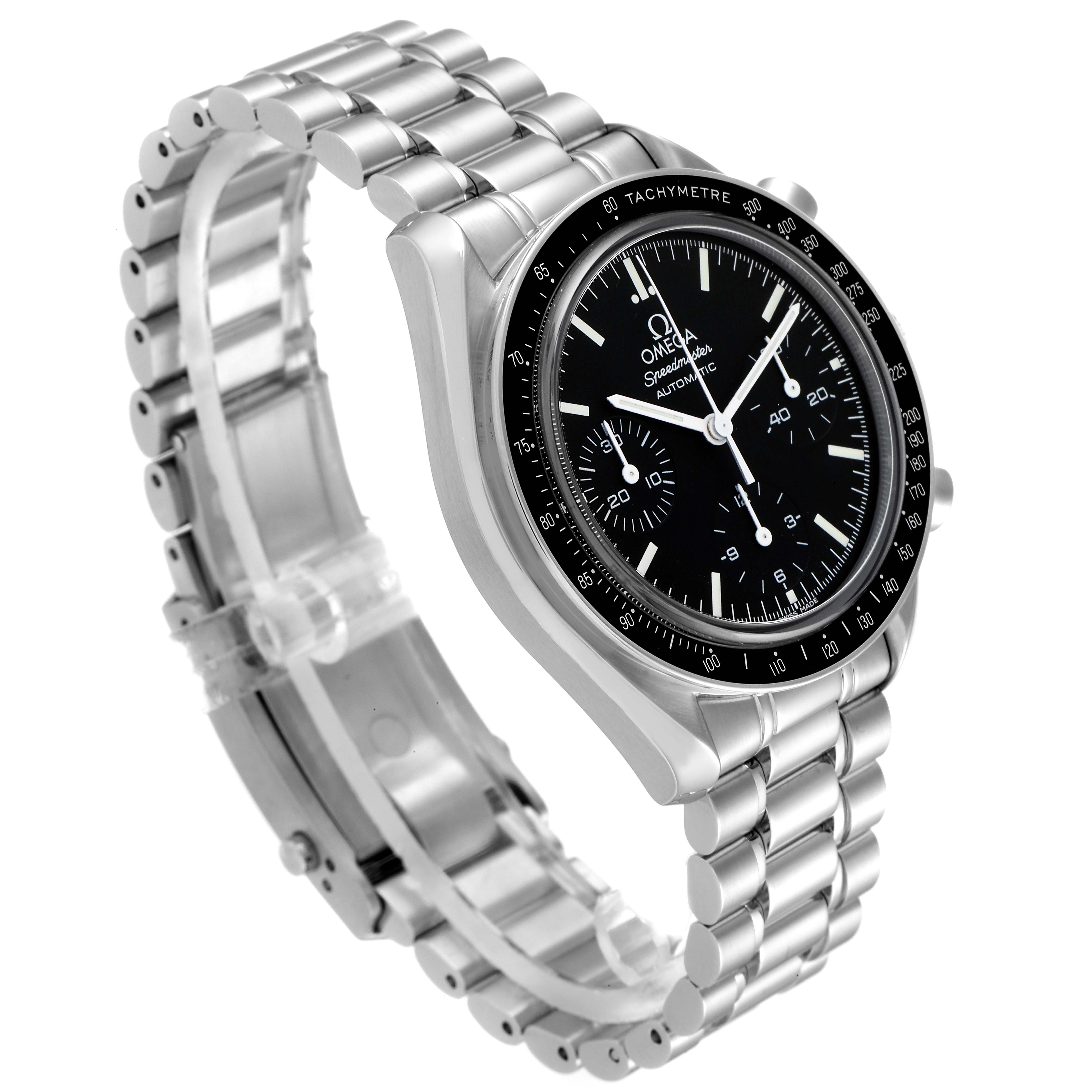 The Omega Speedmaster 3539.50.00 Men
s Stainless Steel Black Dial 3539.50.00 Men
s Stainless Steel Black Dial watch is shown at a front-side angle, displaying its face and metal bracelet.