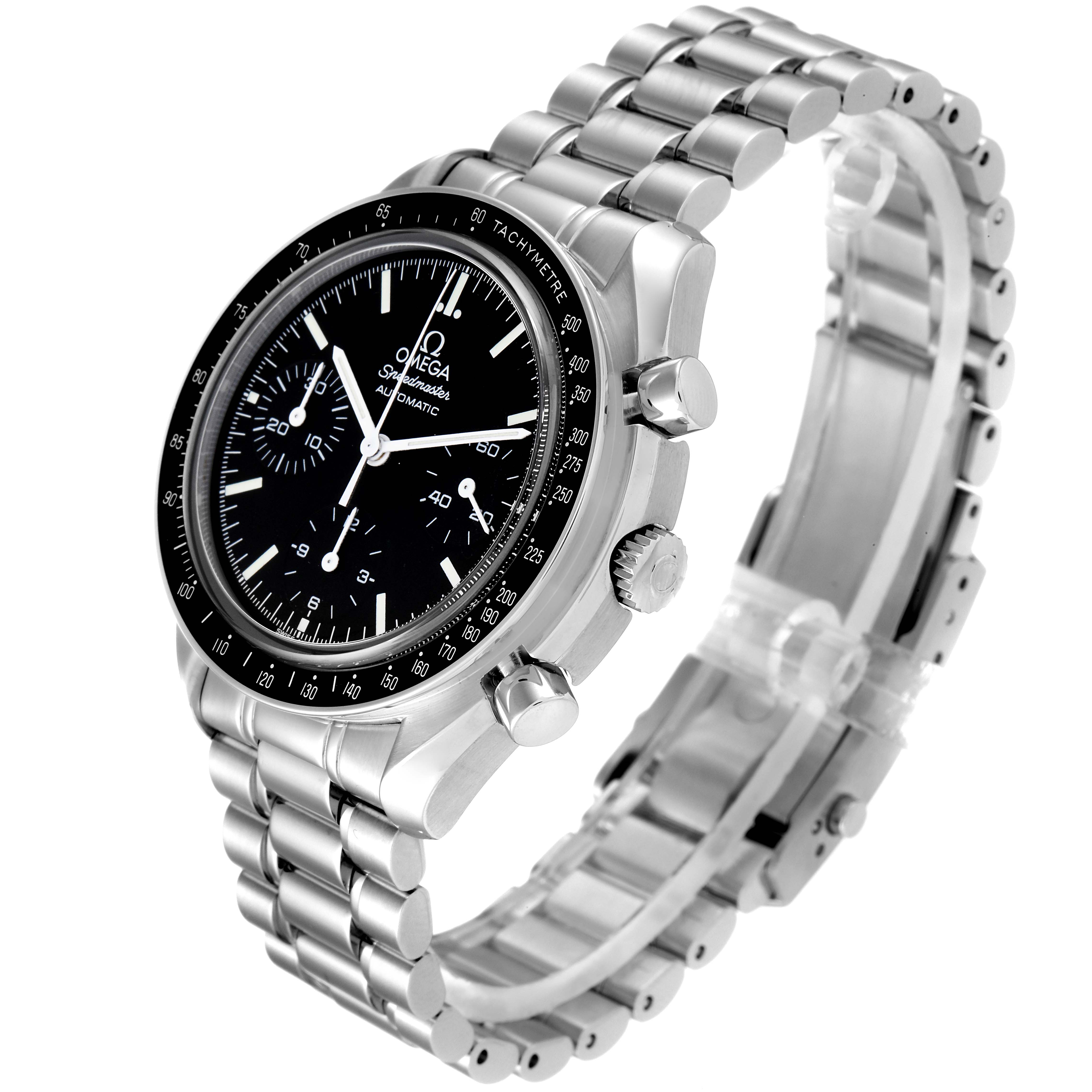 This Omega Speedmaster 3539.50.00 Men
s Stainless Steel Black Dial 3539.50.00 Men
s Stainless Steel Black Dial watch is shown at a 3/4 angle, highlighting the face, pushers, crown, and stainless steel bracelet.