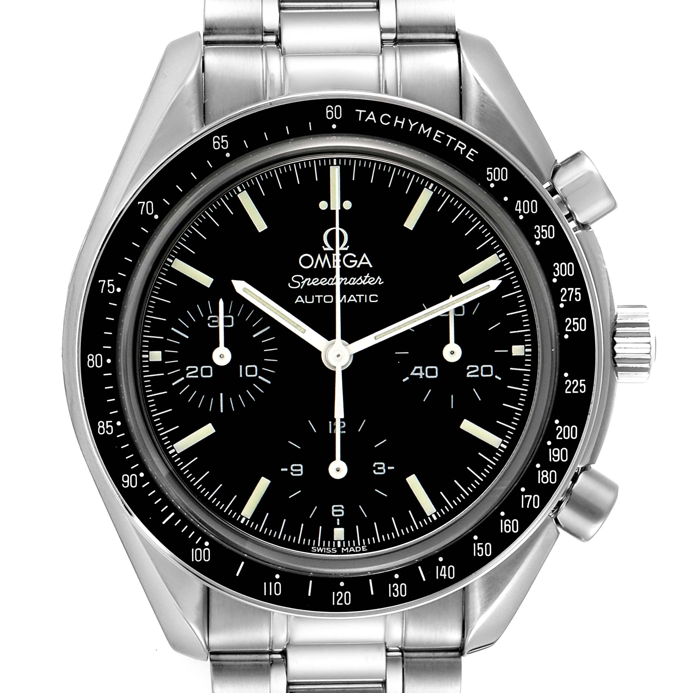 This image shows a front view of an Omega Speedmaster 3539.50.00 Men
s Stainless Steel Black Dial 3539.50.00 Men
s Stainless Steel Black Dial watch displaying the face, bezel, and part of the bracelet.