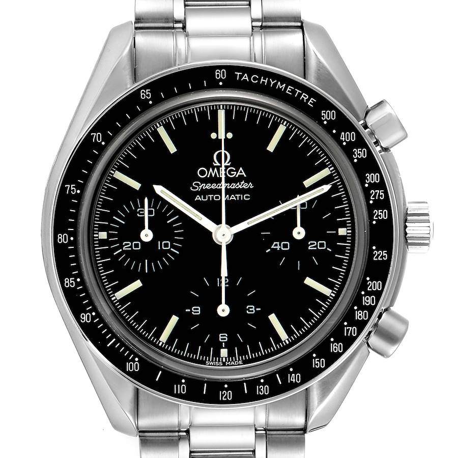 This image shows a front view of an Omega Speedmaster watch displaying the face, bezel, and part of the bracelet.