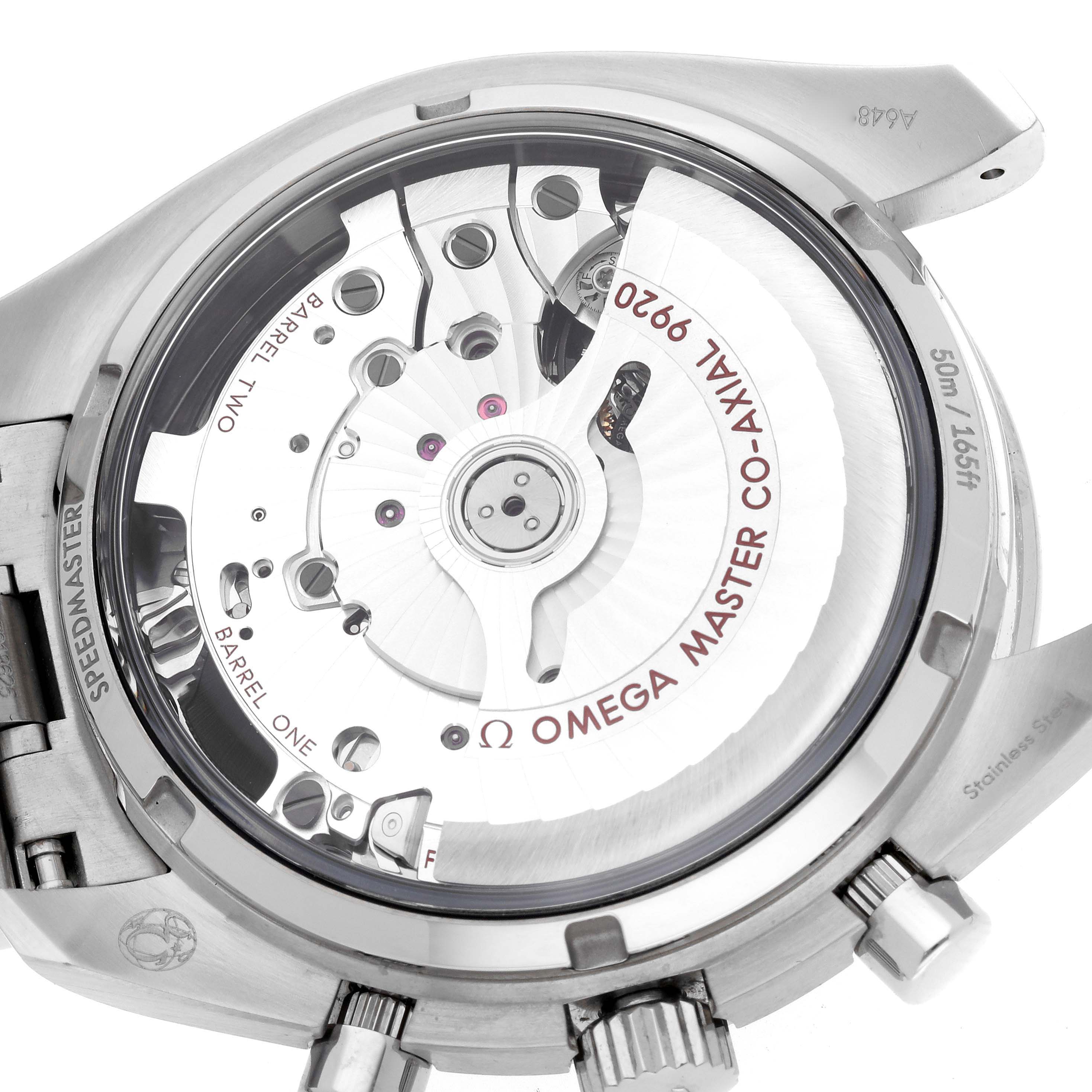 This image shows the back view of the Omega Speedmaster 329.30.44.51.01.003 Men
s Stainless Steel Black Dial 329.30.44.51.01.003 Men
s Stainless Steel Black Dial, highlighting its automatic movement and internal components.