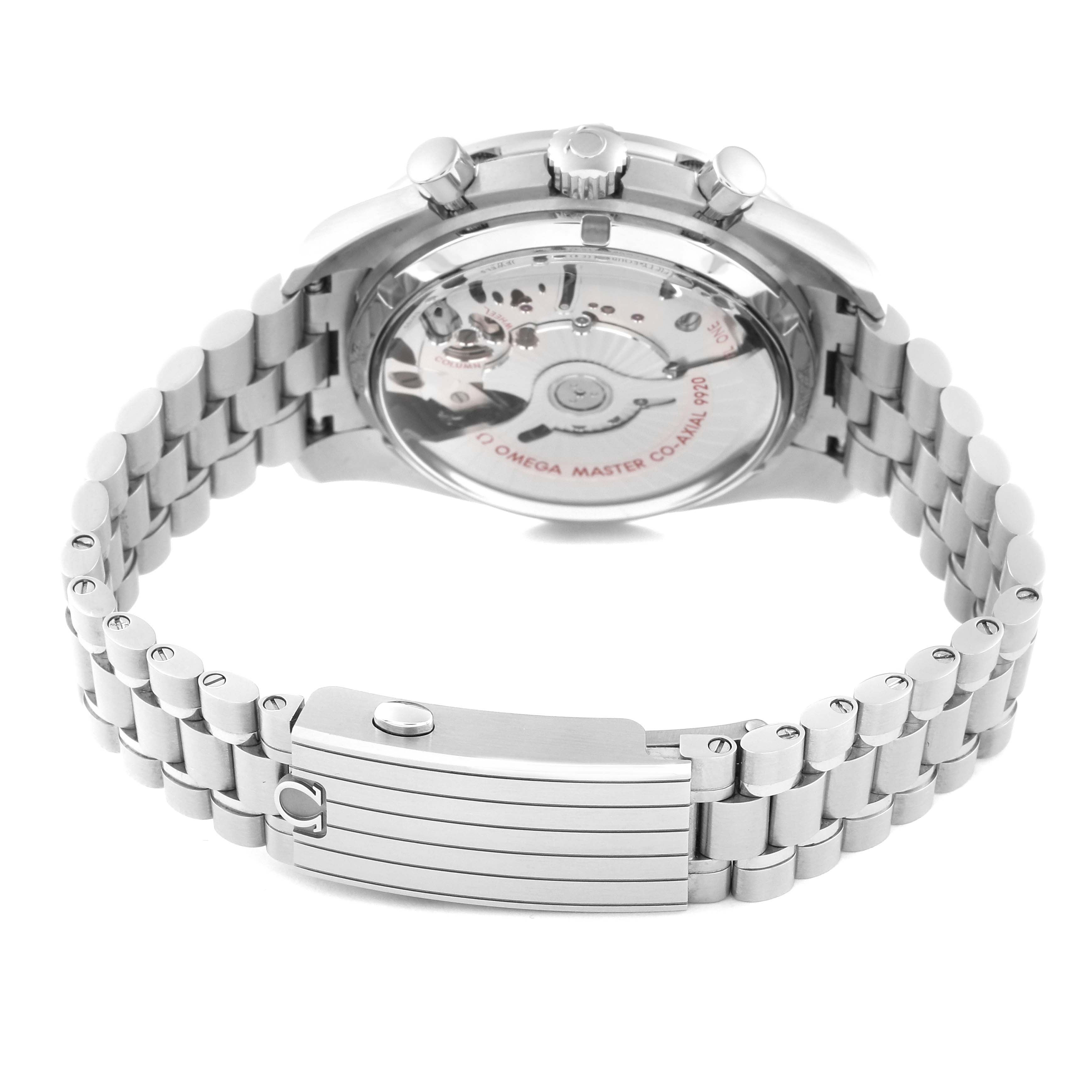 The Omega Speedmaster 329.30.44.51.01.003 Men
s Stainless Steel Black Dial 329.30.44.51.01.003 Men
s Stainless Steel Black Dial watch is shown from the back, highlighting its bracelet, clasp, and visible movement.