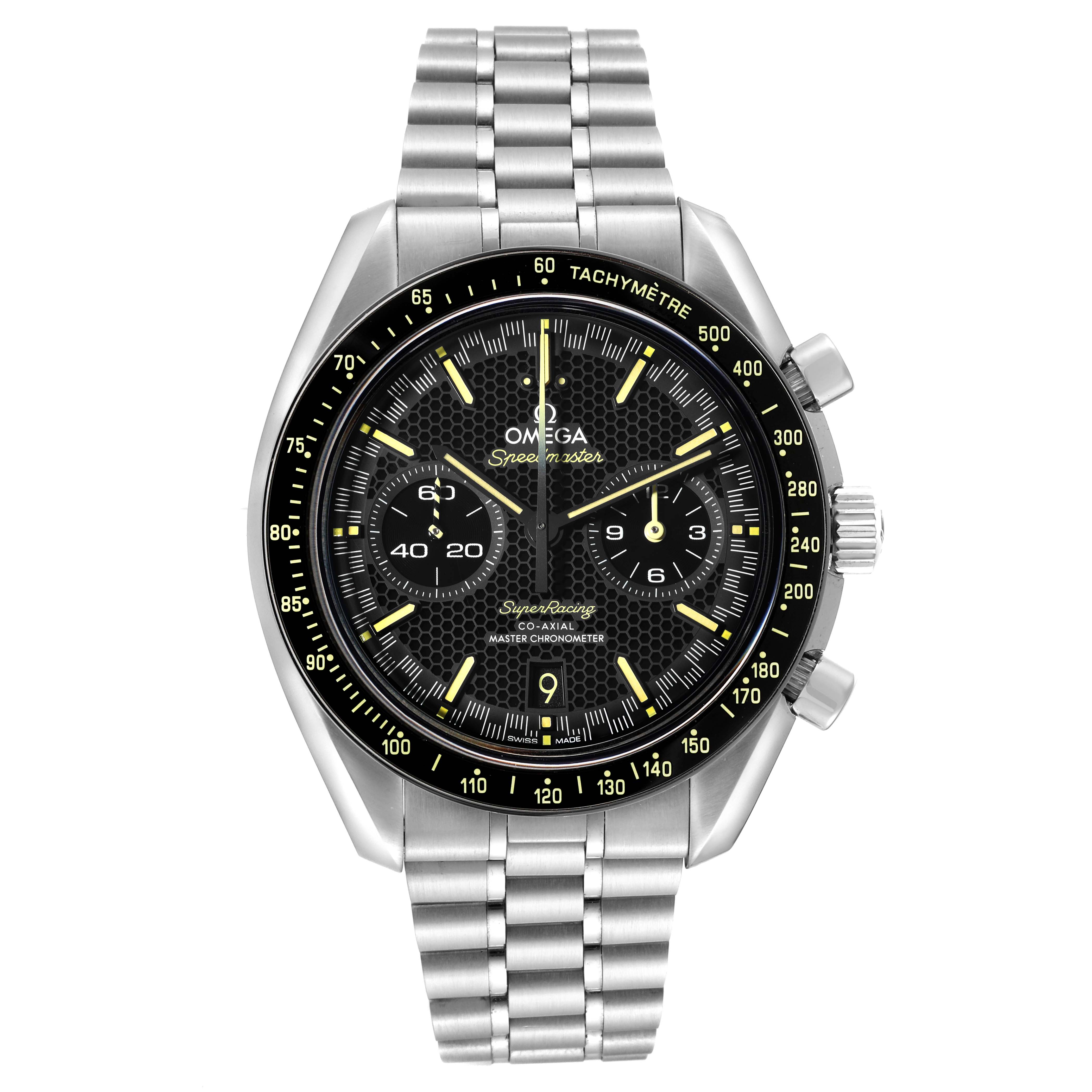 The image shows a front view of an Omega Speedmaster 329.30.44.51.01.003 Men
s Stainless Steel Black Dial 329.30.44.51.01.003 Men
s Stainless Steel Black Dial watch, highlighting its dial, bezel, and metal bracelet.