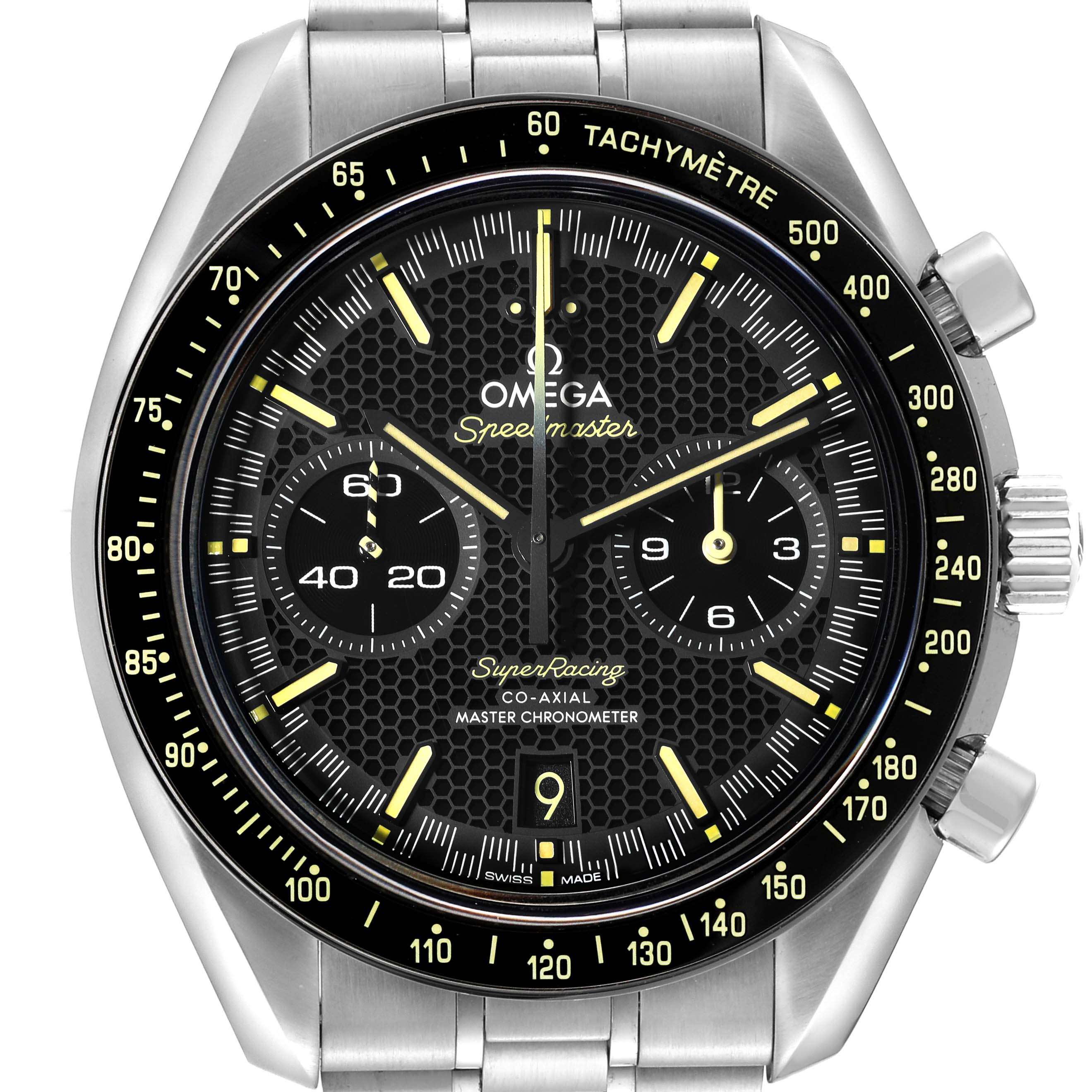 The image shows a front view of an Omega Speedmaster 329.30.44.51.01.003 Men
s Stainless Steel Black Dial 329.30.44.51.01.003 Men
s Stainless Steel Black Dial watch displaying its face, bezel, and chronograph subdials.