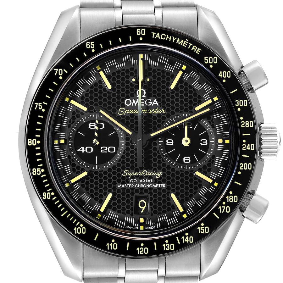 The image shows a front view of an Omega Speedmaster watch displaying its face, bezel, and chronograph subdials.
