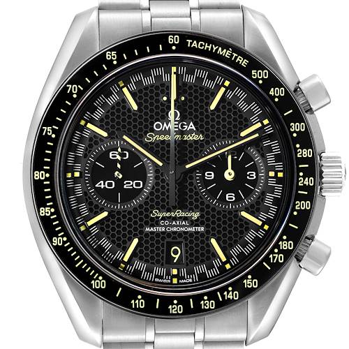 The image shows a front view of the Omega Speedmaster watch, highlighting its dial, tachymeter, sub-dials, and date display.