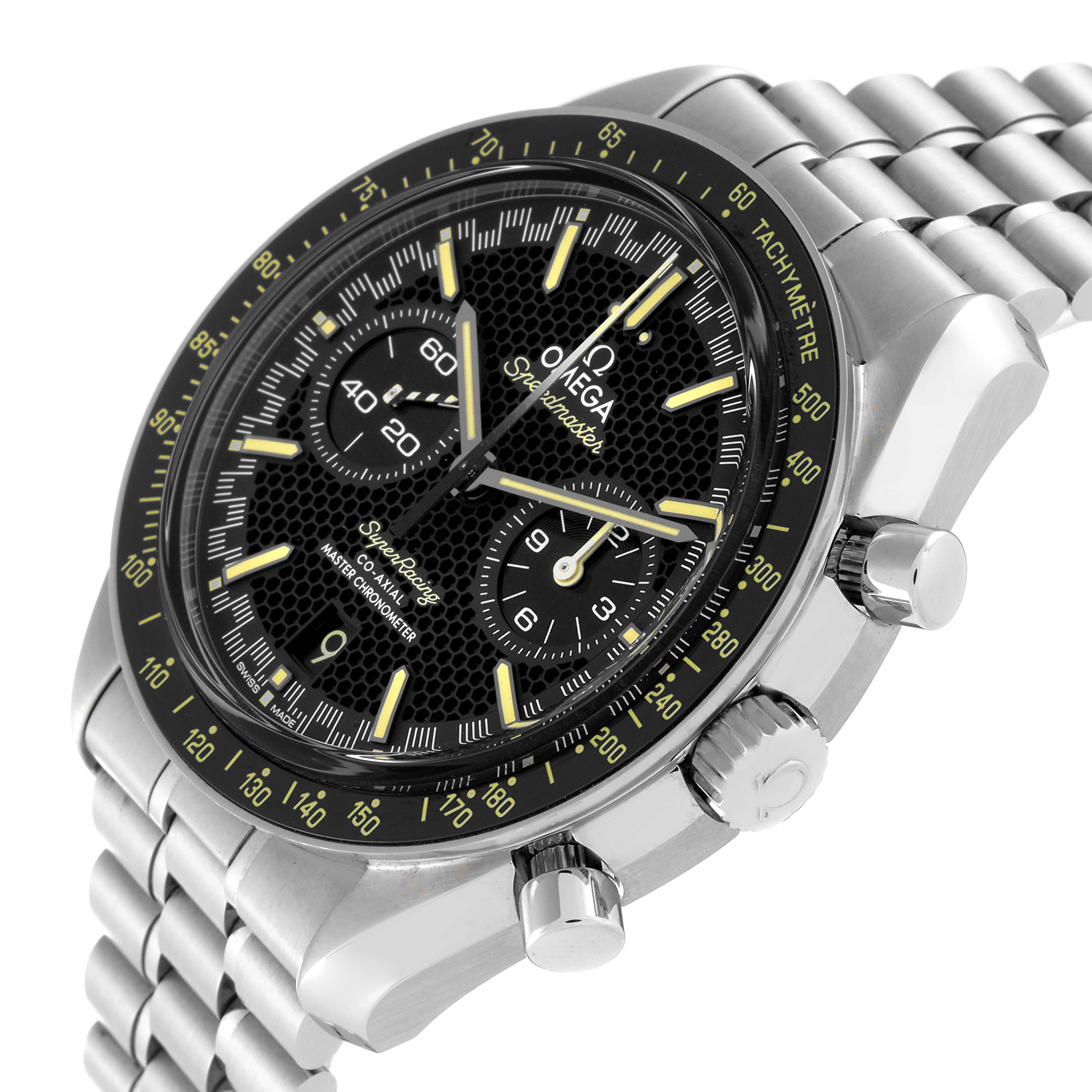 The image shows a side angle of the Omega Speedmaster 329.30.44.51.01.003 Men
s Stainless Steel Black Dial 329.30.44.51.01.003 Men
s Stainless Steel Black Dial, highlighting its dial, tachymeter bezel, and metallic bracelet.