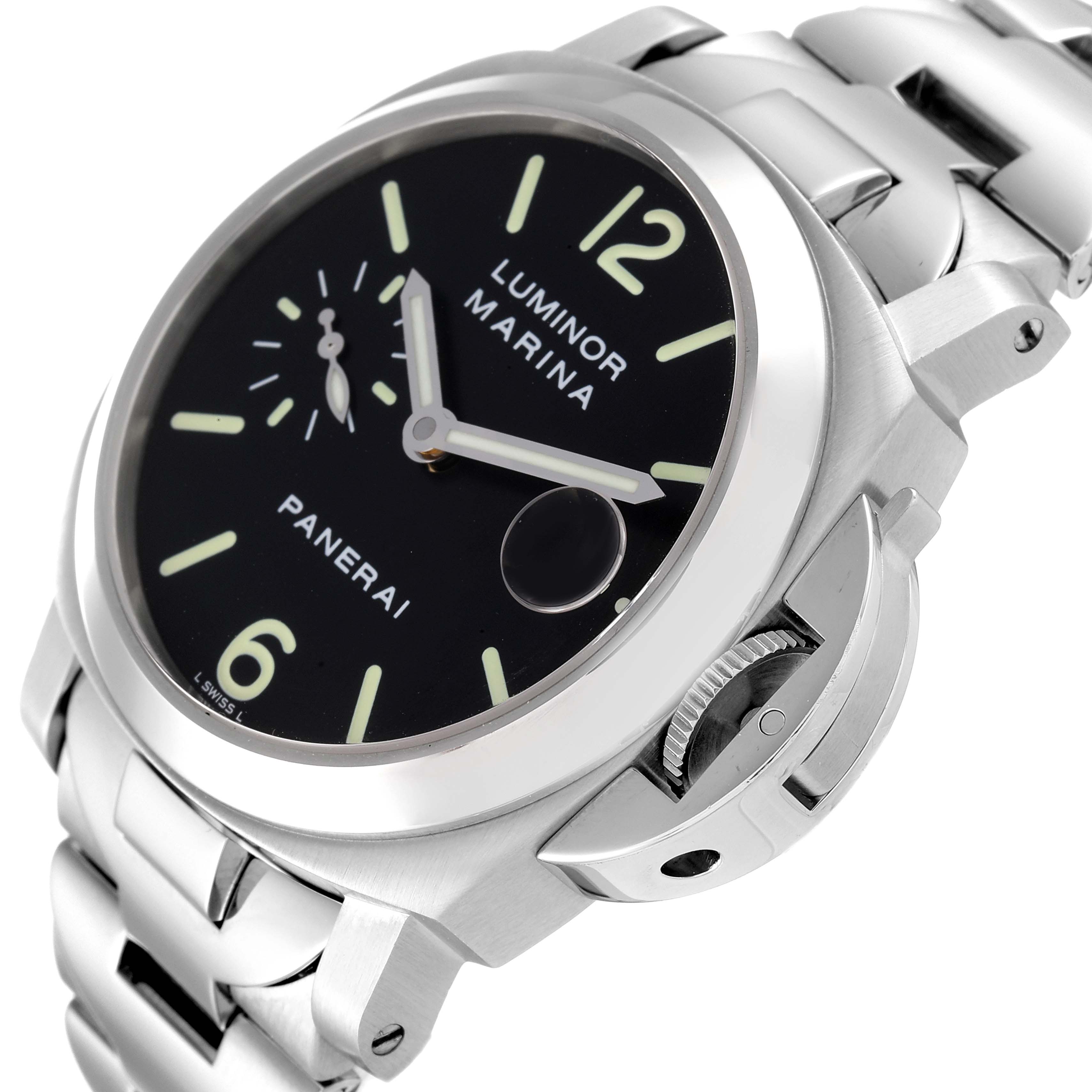 This image shows the Panerai Luminor PAM00050 Men
s Stainless Steel Black Dial PAM00050 Men
s Stainless Steel Black Dial Marina watch at an angled view, highlighting the dial, crown guard, and metal bracelet.