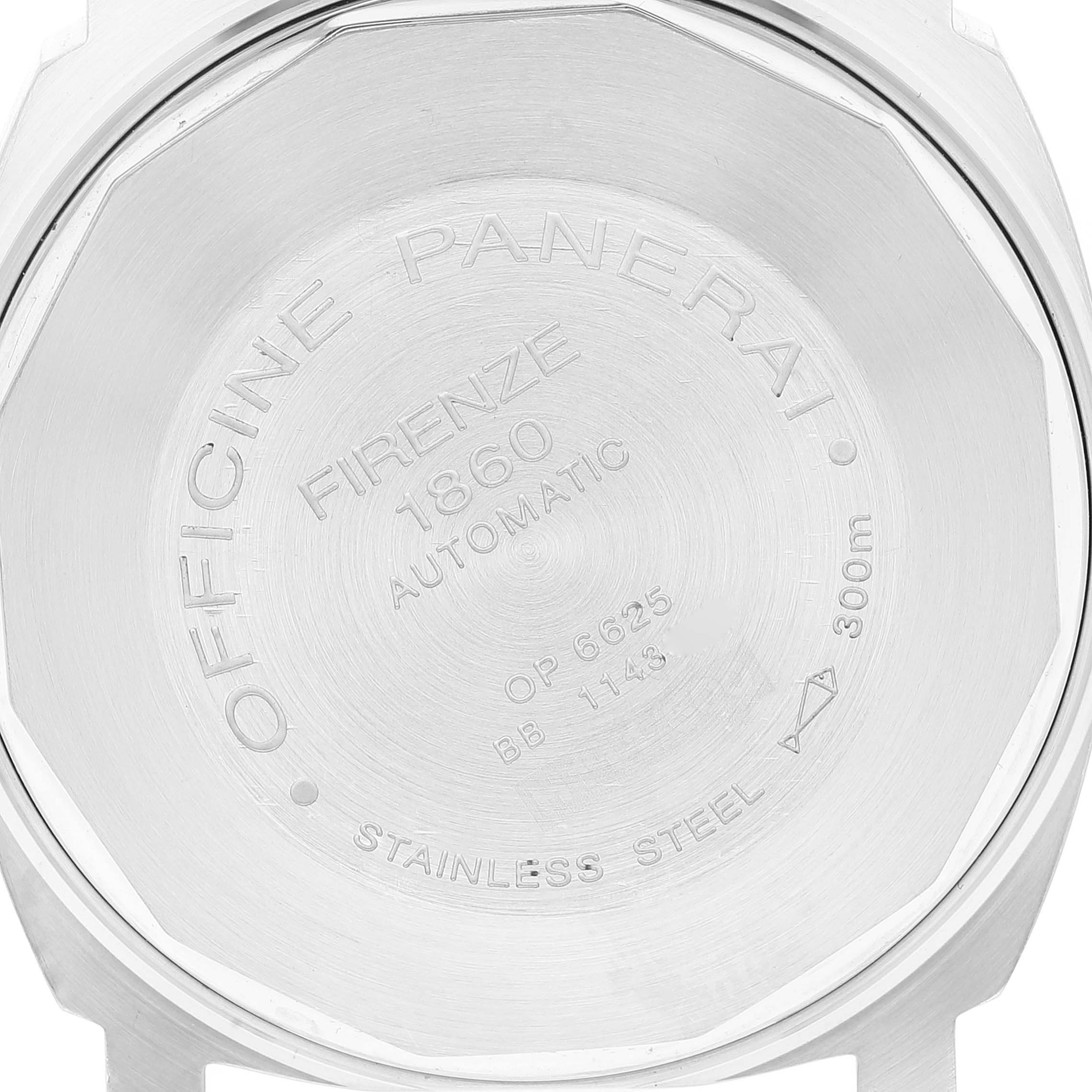 This image shows the back case of a Panerai Luminor PAM00050 Men
s Stainless Steel Black Dial PAM00050 Men
s Stainless Steel Black Dial watch, detailing its specifications and branding.