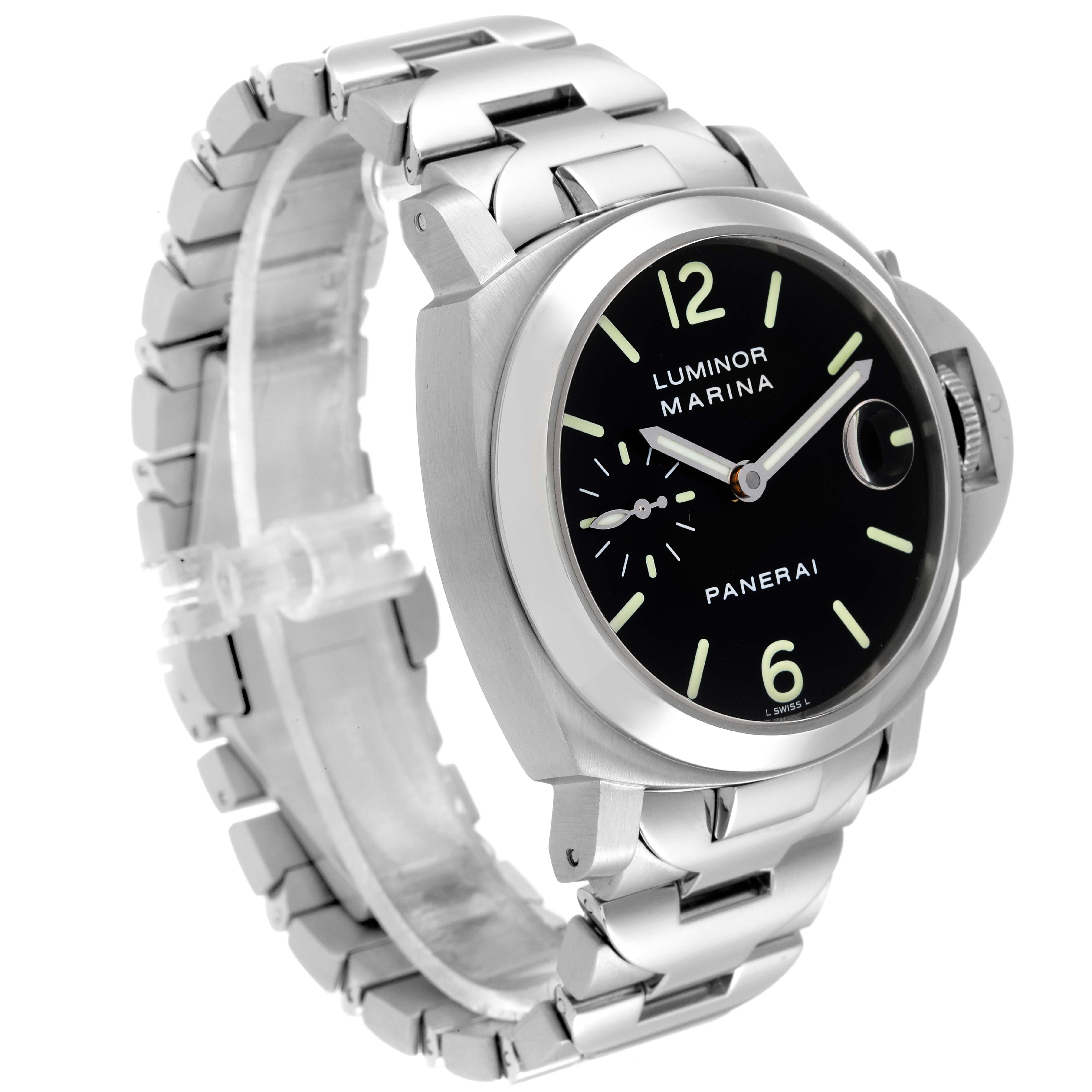 The image shows a Panerai Luminor PAM00050 Men
s Stainless Steel Black Dial PAM00050 Men
s Stainless Steel Black Dial Marina watch at a three-quarter angle, highlighting the dial, bracelet, and crown.