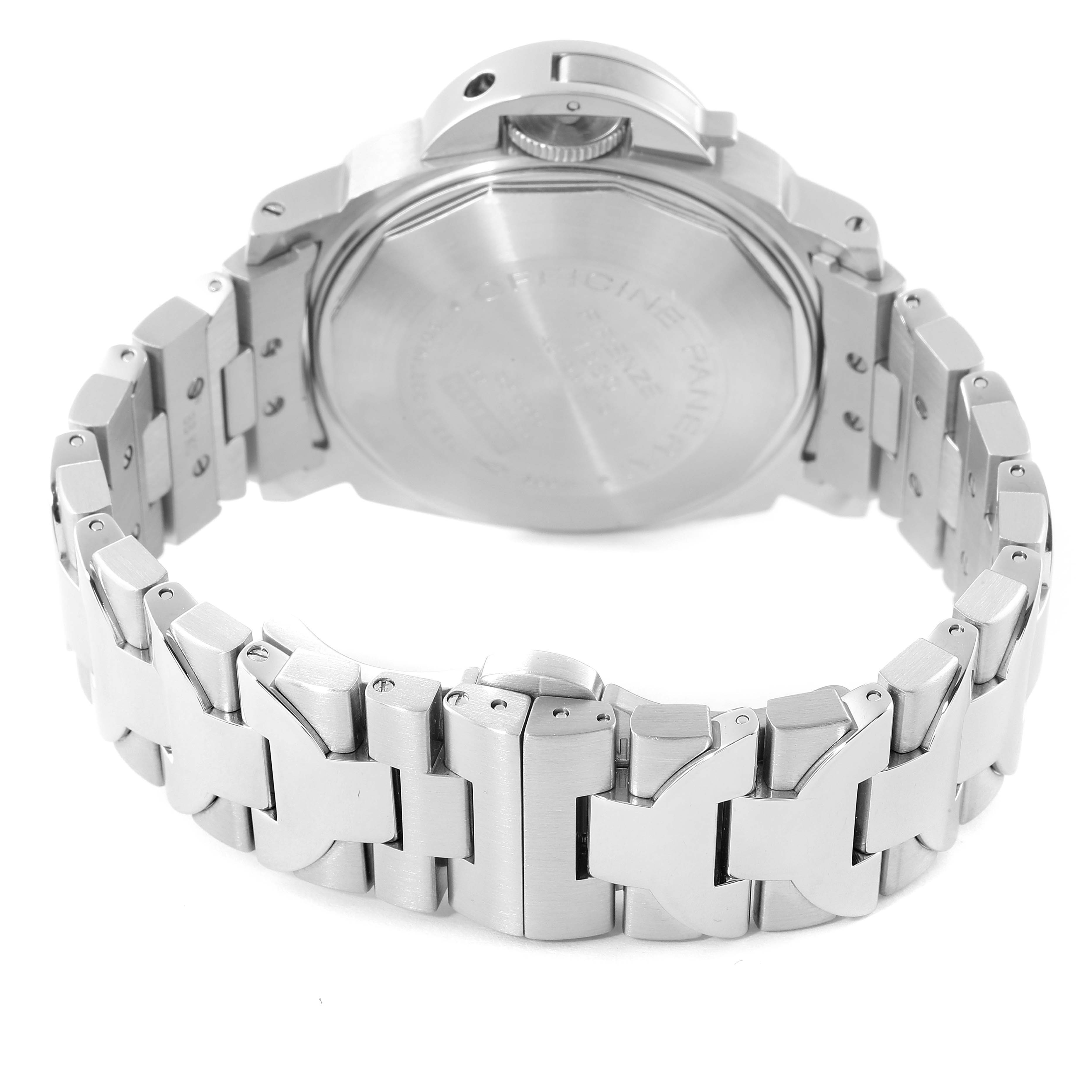 The image shows the back view of a Panerai Luminor PAM00050 Men
s Stainless Steel Black Dial PAM00050 Men
s Stainless Steel Black Dial watch, focusing on its case back and stainless steel bracelet.