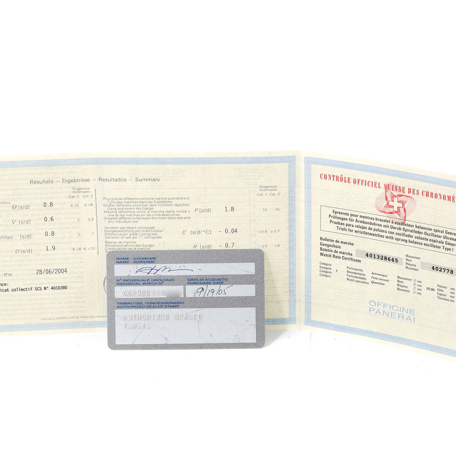 The image shows official documents and a certification card for a Panerai Luminor PAM00050 Men
s Stainless Steel Black Dial PAM00050 Men
s Stainless Steel Black Dial watch.