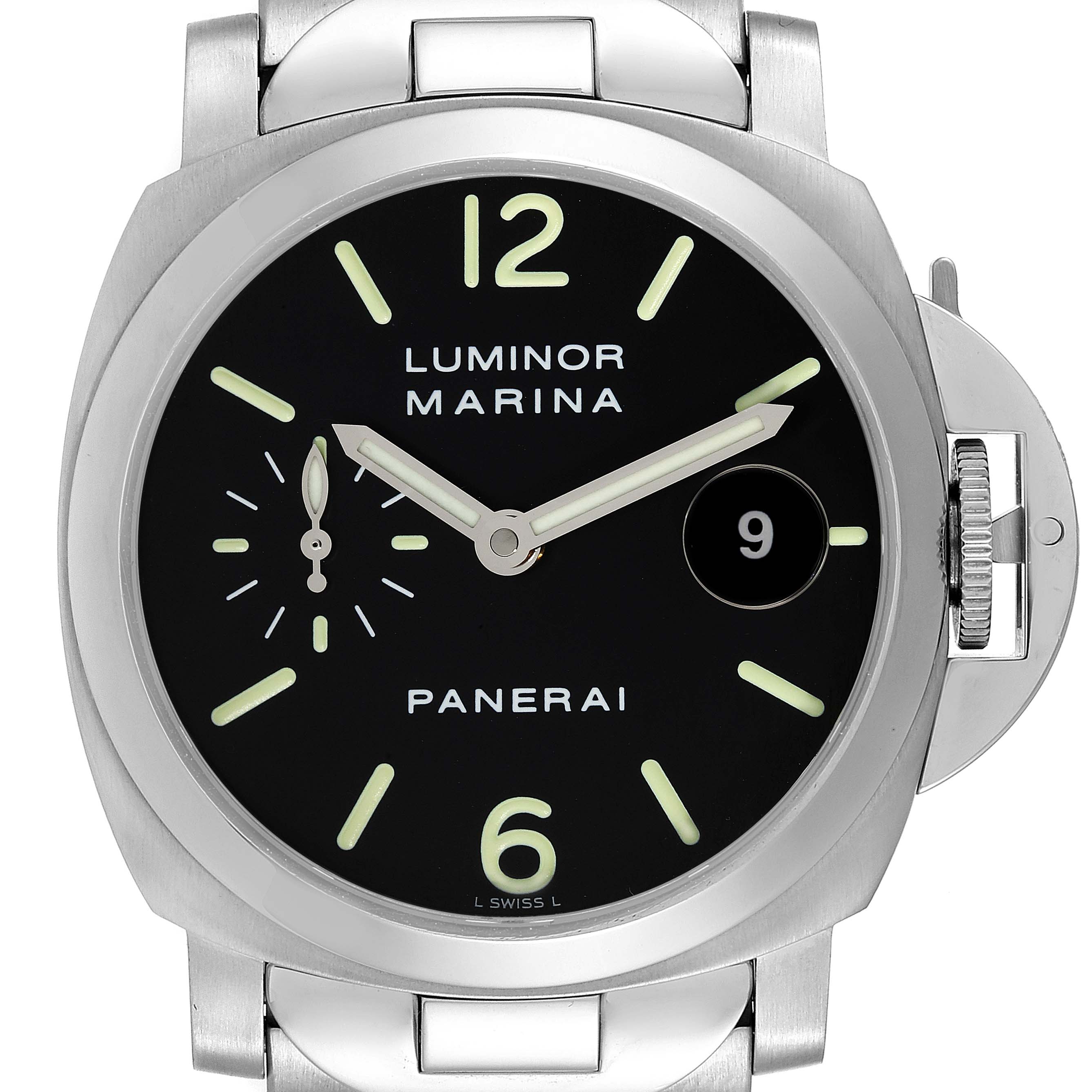 The image shows a front view of a Panerai Luminor PAM00050 Men
s Stainless Steel Black Dial PAM00050 Men
s Stainless Steel Black Dial Marina watch, highlighting its black dial, date window, and stainless steel case and bracelet.
