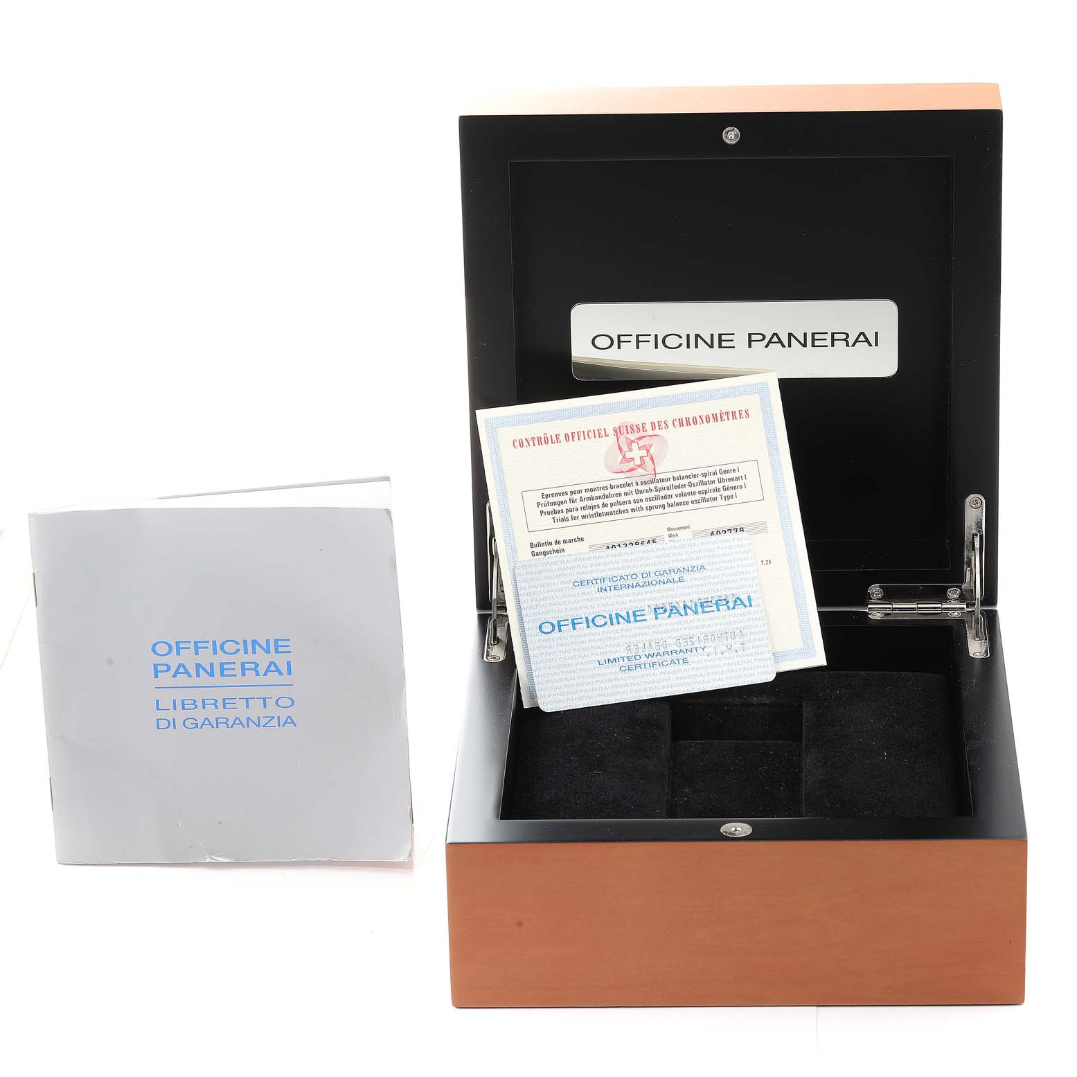 The image shows an open Panerai Luminor PAM00050 Men
s Stainless Steel Black Dial PAM00050 Men
s Stainless Steel Black Dial watch box with certification and a warranty booklet beside it.