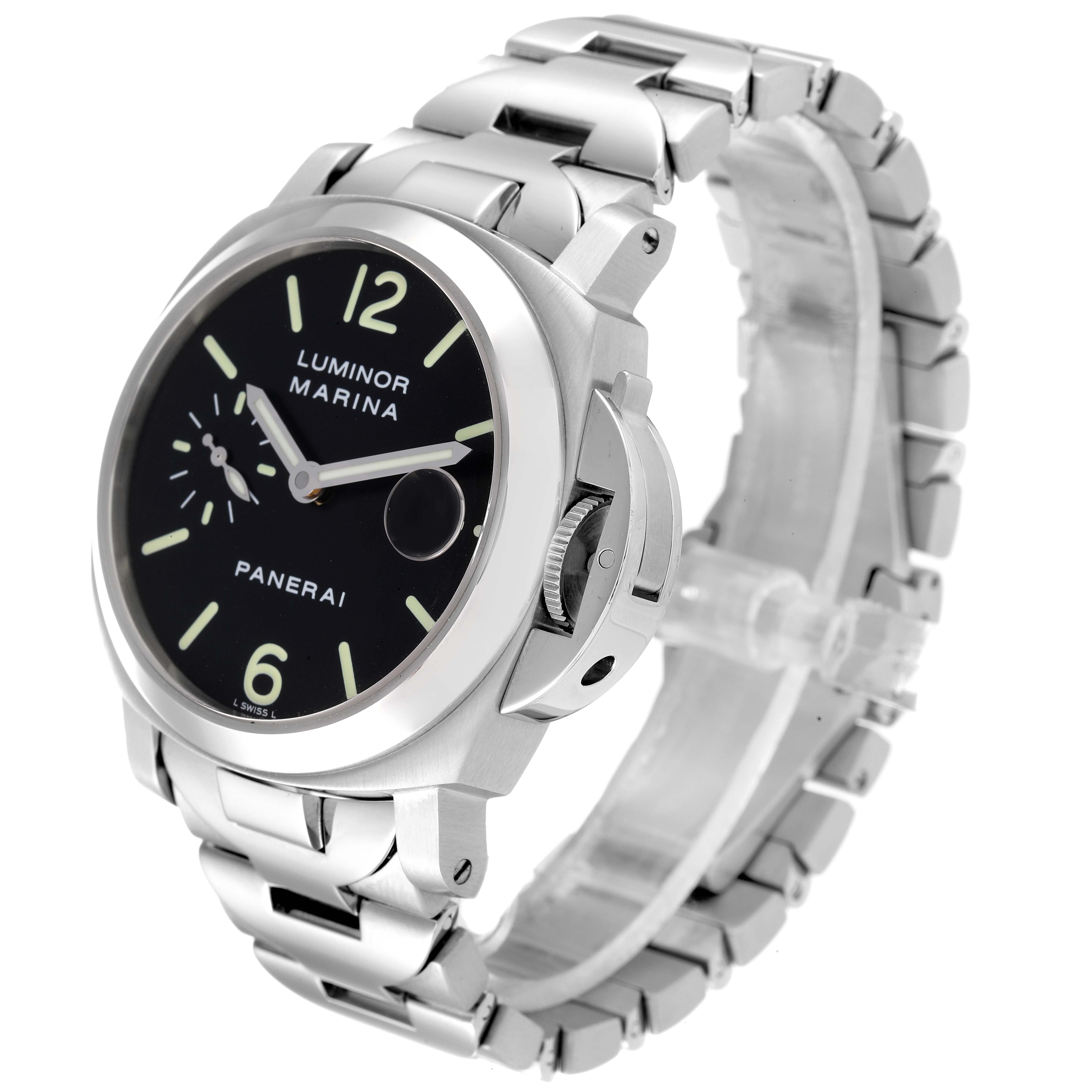 The image shows a Panerai Luminor PAM00050 Men
s Stainless Steel Black Dial PAM00050 Men
s Stainless Steel Black Dial watch at a three-quarter angle, highlighting the face, crown guard, and stainless steel bracelet.